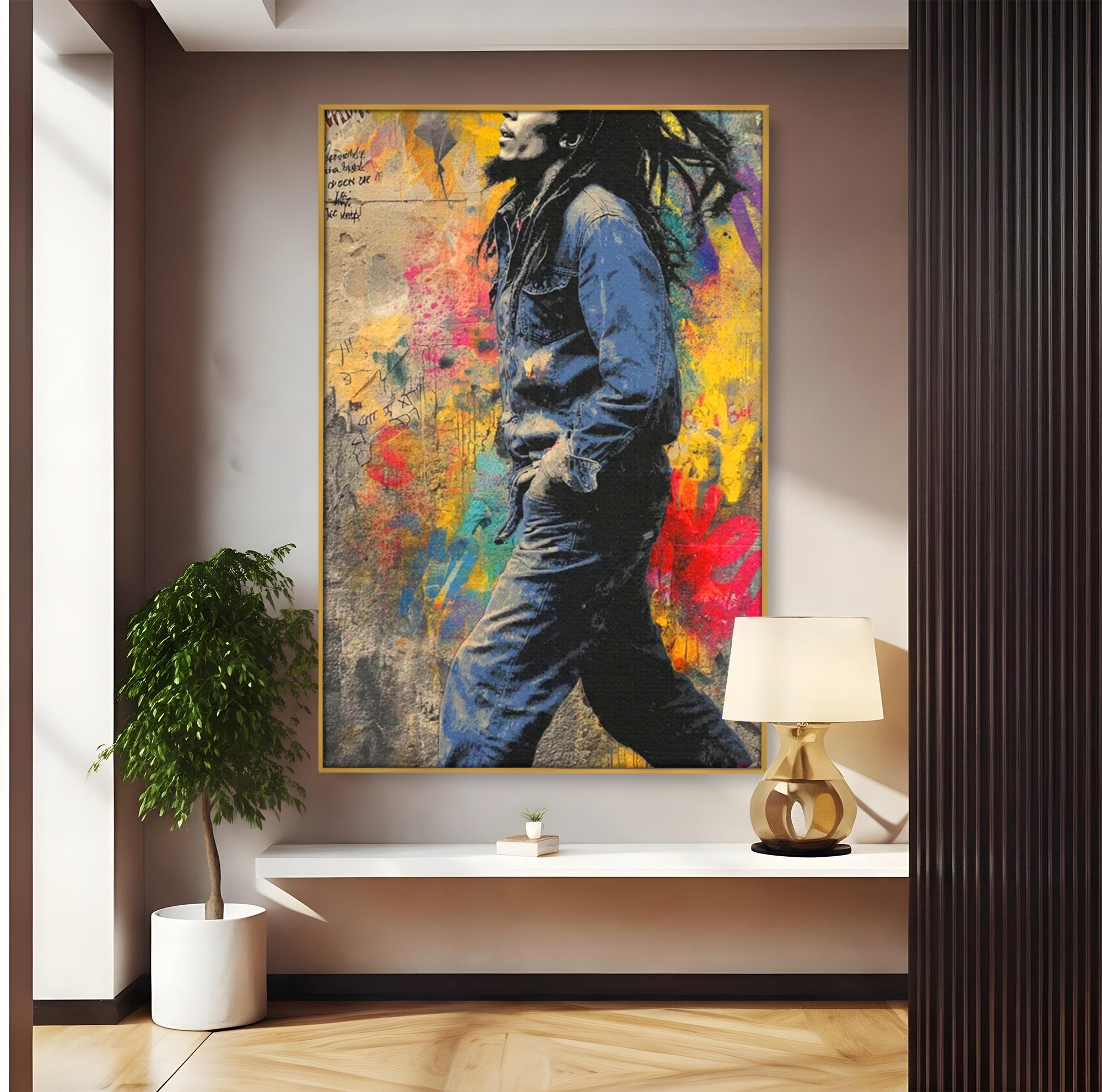 Tablou Canvas Premium LuxCanva® PI1153, Muzician Reggae In Miscare, Bob Marley, Impletituri, Arta Urbana, Vedeta, Living, Culori Vibrante