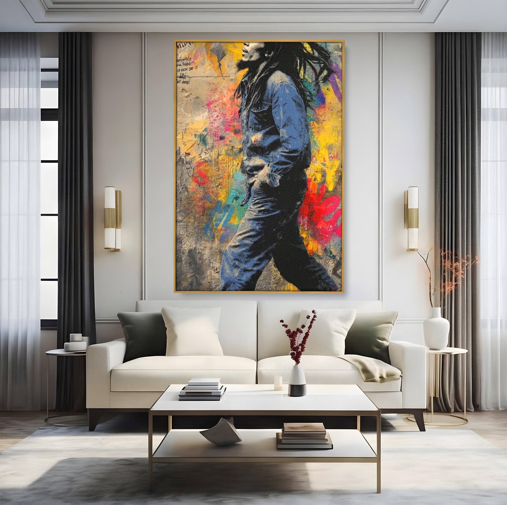 Tablou Canvas Premium LuxCanva® PI1153, Muzician Reggae In Miscare, Bob Marley, Impletituri, Arta Urbana, Vedeta, Living, Culori Vibrante