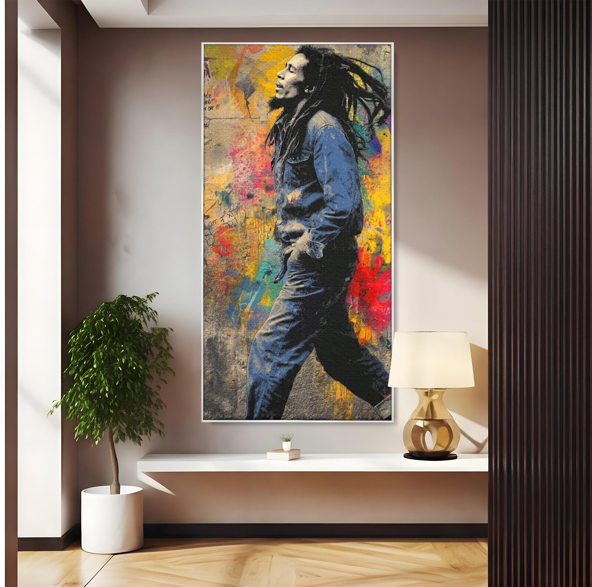 Tablou Canvas Premium LuxCanva® PI1153, Muzician Reggae In Miscare, Bob Marley, Impletituri, Arta Urbana, Vedeta, Living, Culori Vibrante