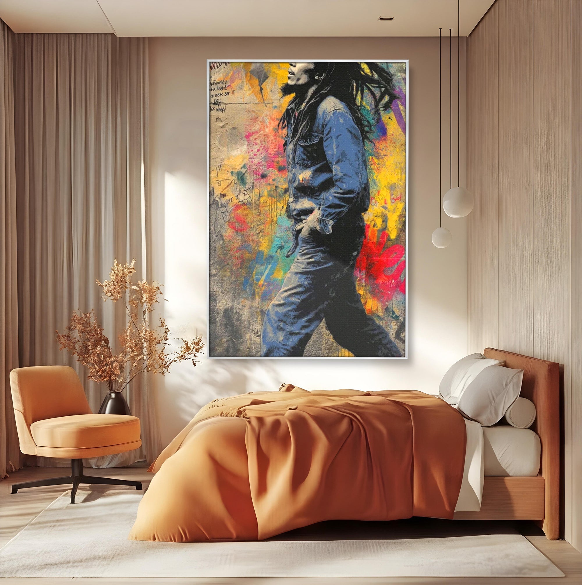 Tablou Canvas Premium LuxCanva® PI1153, Muzician Reggae In Miscare, Bob Marley, Impletituri, Arta Urbana, Vedeta, Living, Culori Vibrante