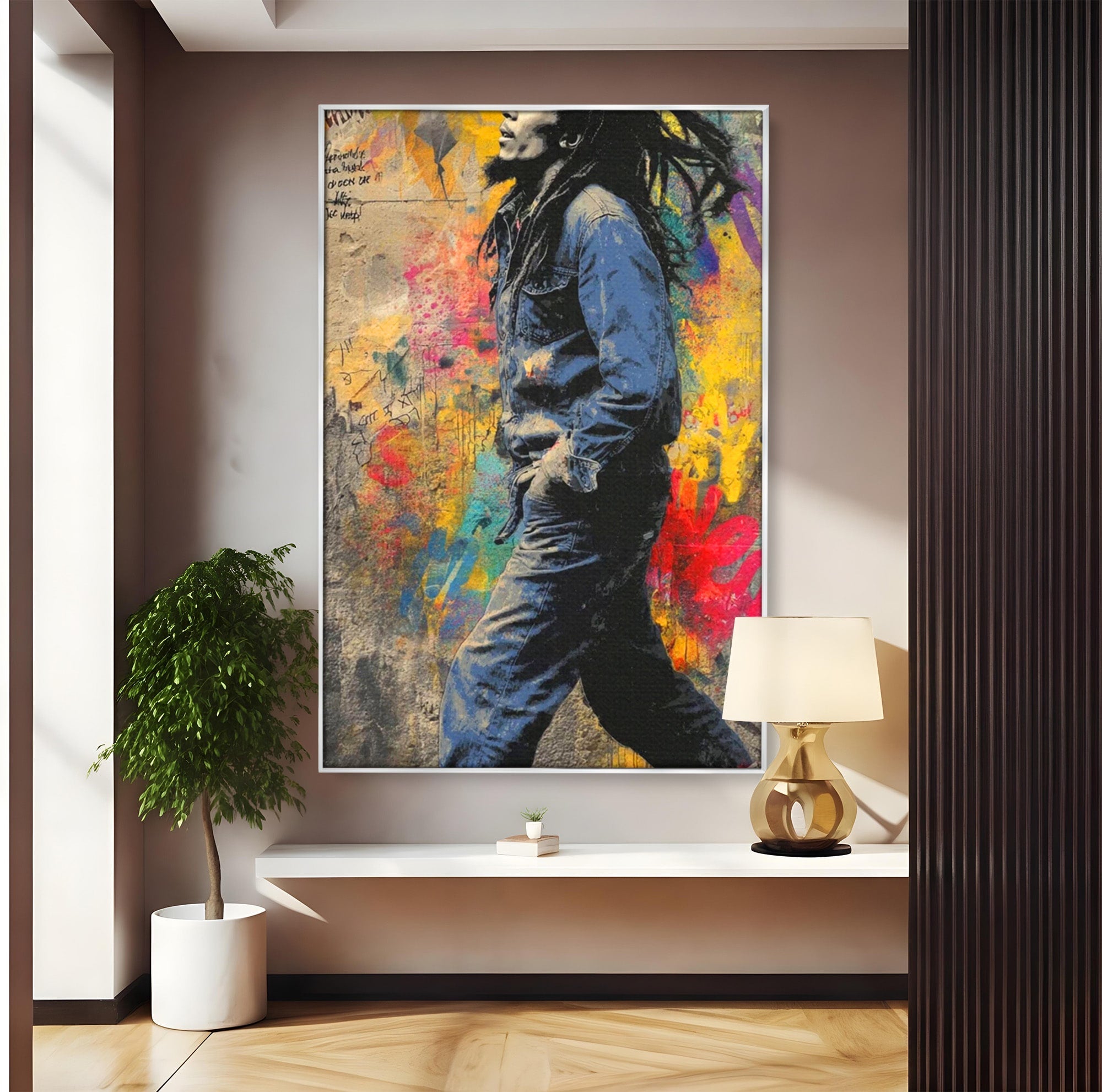 Tablou Canvas Premium LuxCanva® PI1153, Muzician Reggae In Miscare, Bob Marley, Impletituri, Arta Urbana, Vedeta, Living, Culori Vibrante