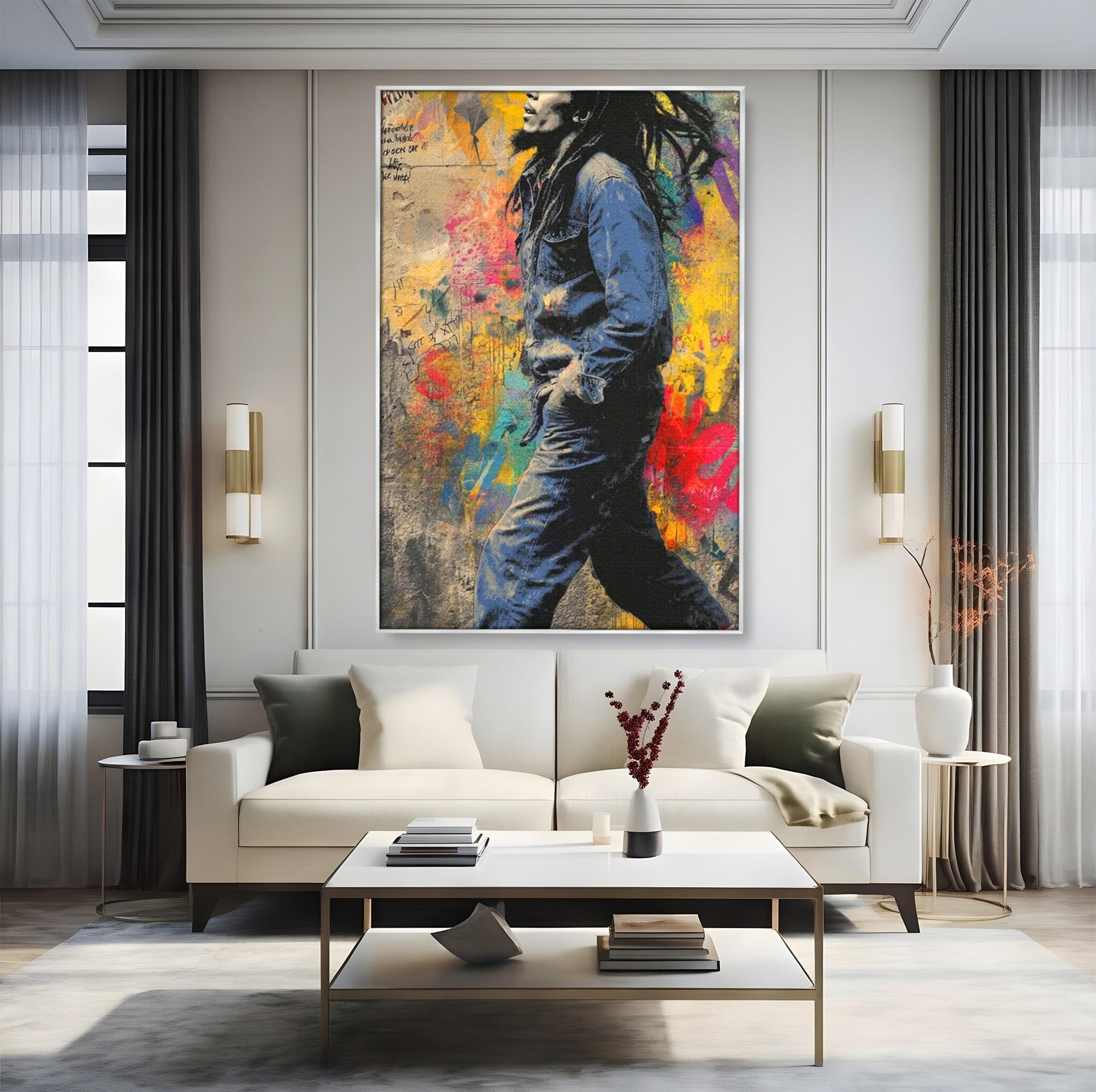 Tablou Canvas Premium LuxCanva® PI1153, Muzician Reggae In Miscare, Bob Marley, Impletituri, Arta Urbana, Vedeta, Living, Culori Vibrante