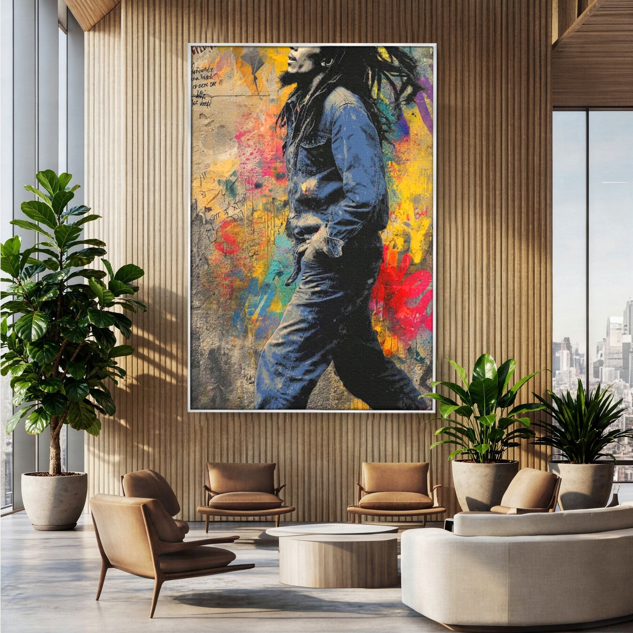 Tablou Canvas Premium LuxCanva® PI1153, Muzician Reggae In Miscare, Bob Marley, Impletituri, Arta Urbana, Vedeta, Living, Culori Vibrante