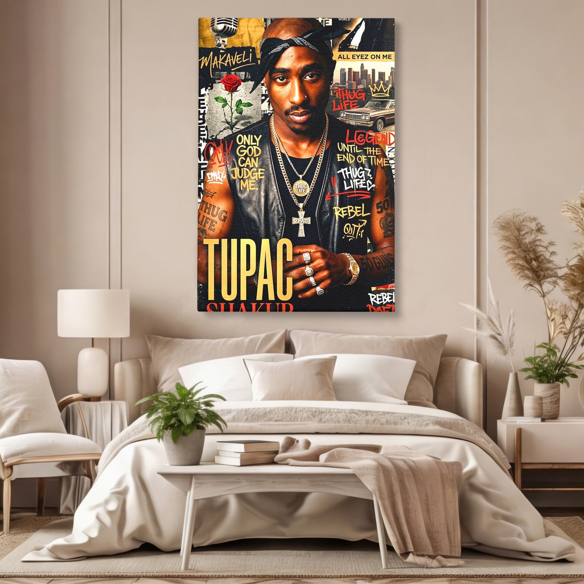 Tablou Canvas Premium LuxCanva® PI1154, Portret Tupac Shakur, Muzician, Legenda, Hip-Hop, Living, Culori Vibrante