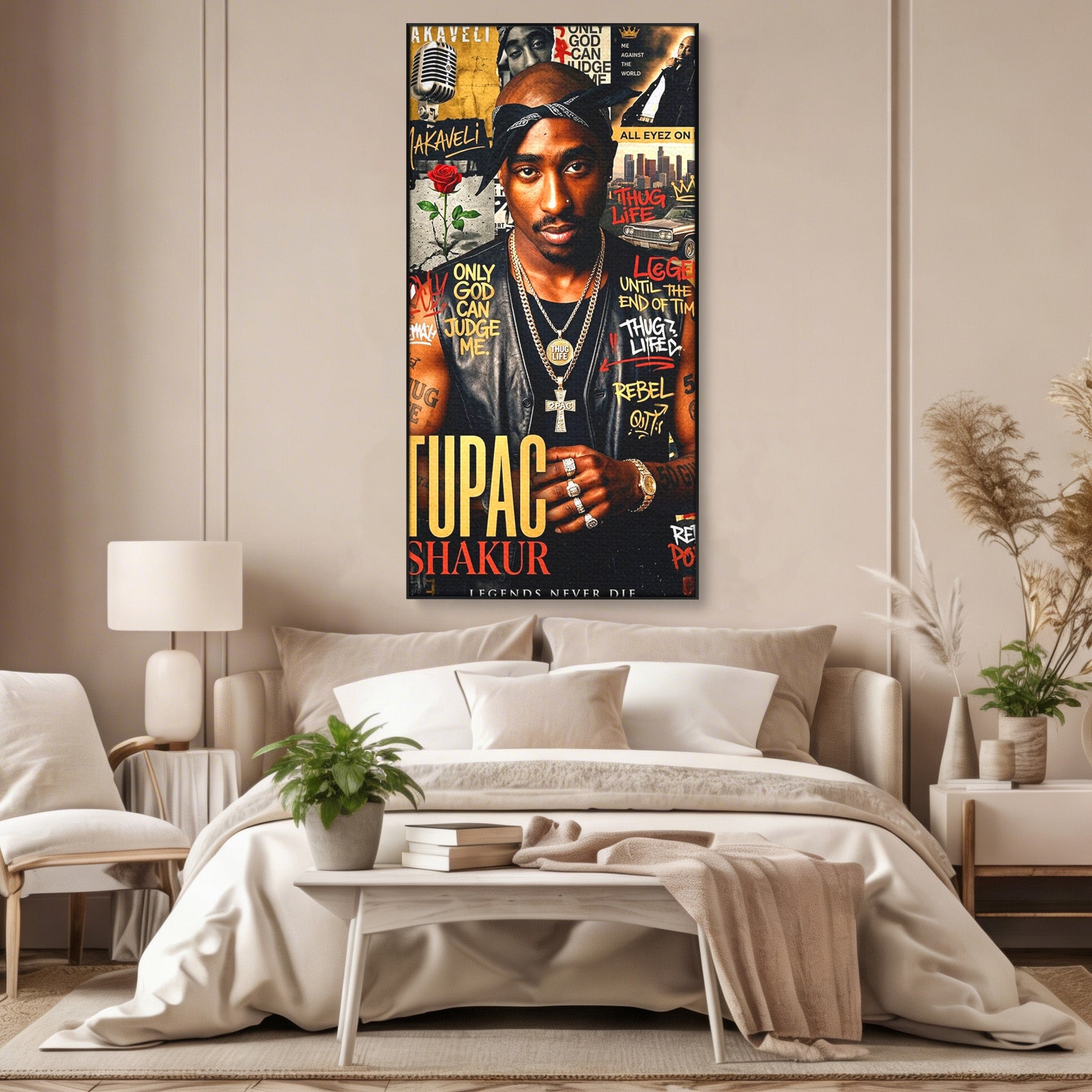 Tablou Canvas Premium LuxCanva® PI1154, Portret Tupac Shakur, Muzician, Legenda, Hip-Hop, Living, Culori Vibrante