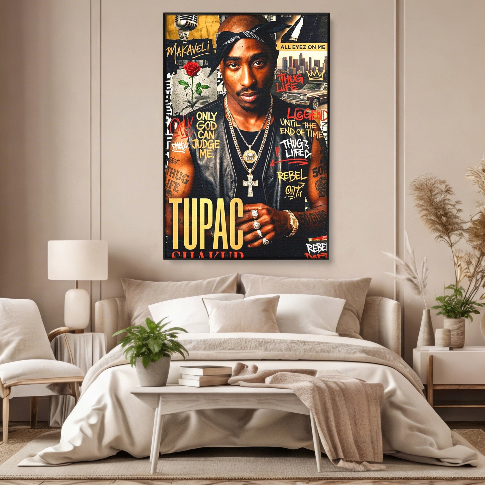 Tablou Canvas Premium LuxCanva® PI1154, Portret Tupac Shakur, Muzician, Legenda, Hip-Hop, Living, Culori Vibrante