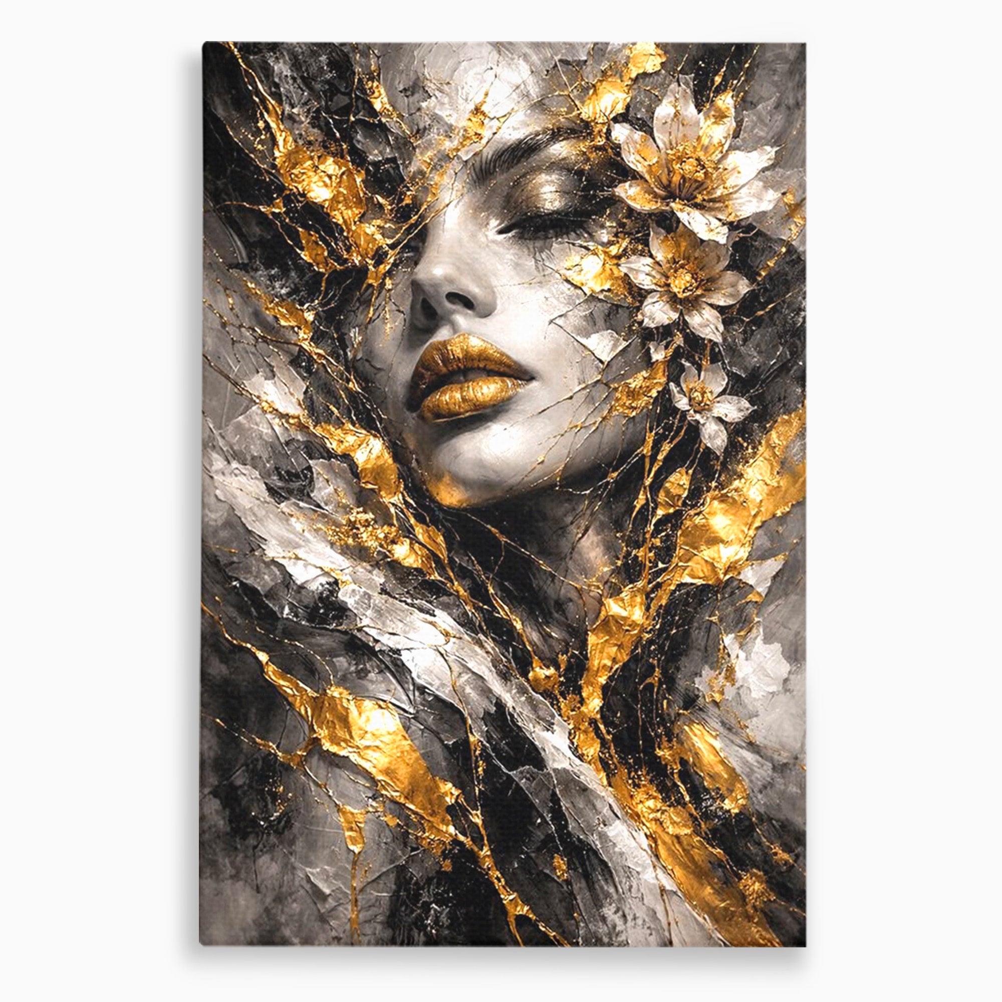 Tablou Canvas Premium LuxCanva® PI1159, Frumusetea Aurie, Portret, Flori, Arta Abstracta, Eleganta, Dormitor, Culori Vibrante