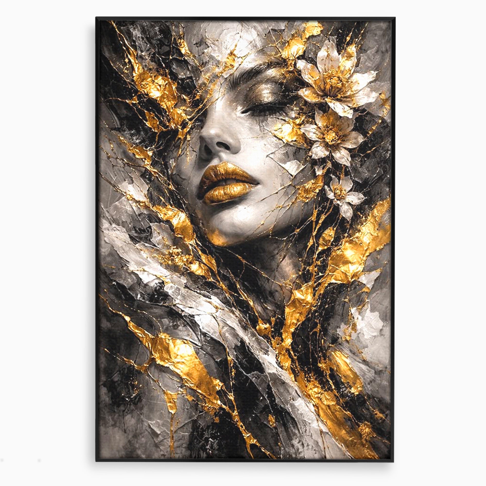 Tablou Canvas Premium LuxCanva® PI1159, Frumusetea Aurie, Portret, Flori, Arta Abstracta, Eleganta, Dormitor, Culori Vibrante