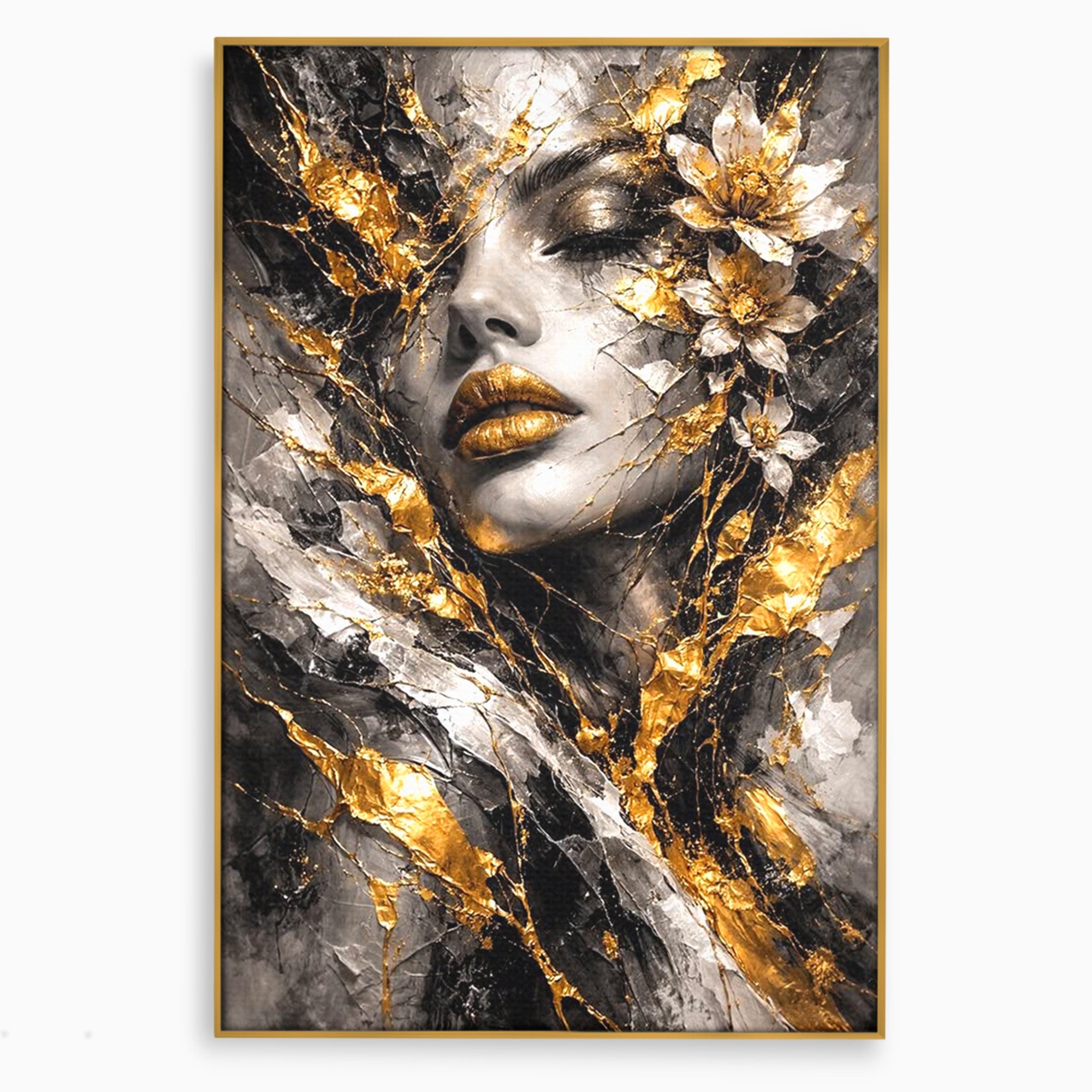 Tablou Canvas Premium LuxCanva® PI1159, Frumusetea Aurie, Portret, Flori, Arta Abstracta, Eleganta, Dormitor, Culori Vibrante