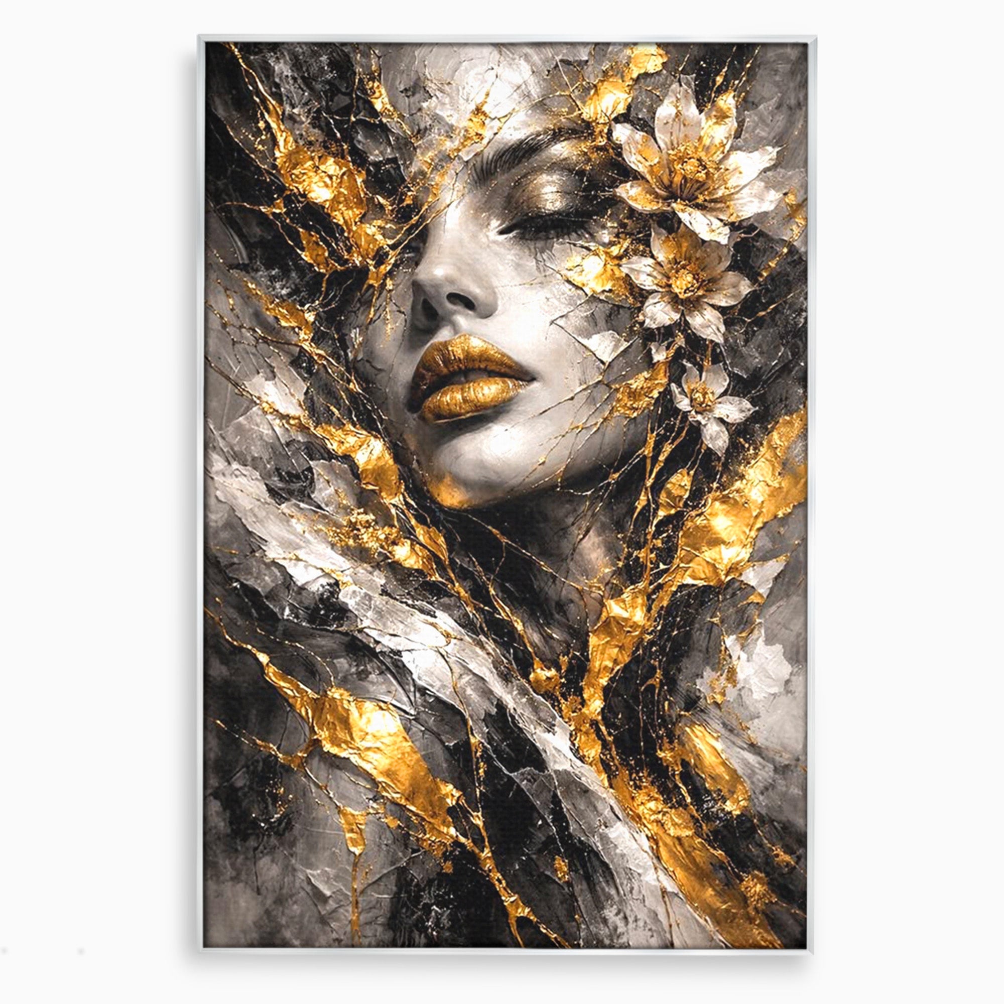 Tablou Canvas Premium LuxCanva® PI1159, Frumusetea Aurie, Portret, Flori, Arta Abstracta, Eleganta, Dormitor, Culori Vibrante