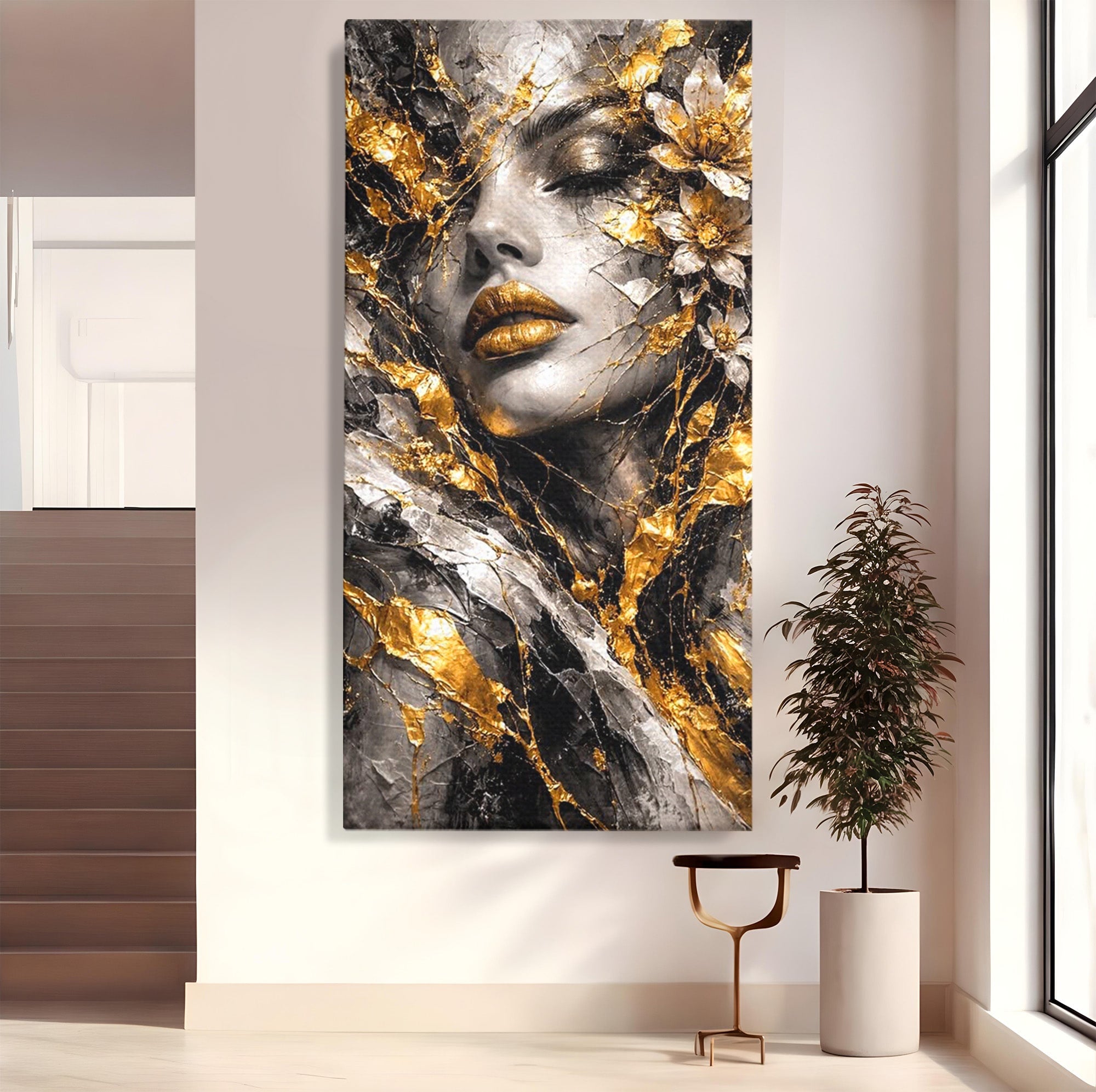 Tablou Canvas Premium LuxCanva® PI1159, Frumusetea Aurie, Portret, Flori, Arta Abstracta, Eleganta, Dormitor, Culori Vibrante
