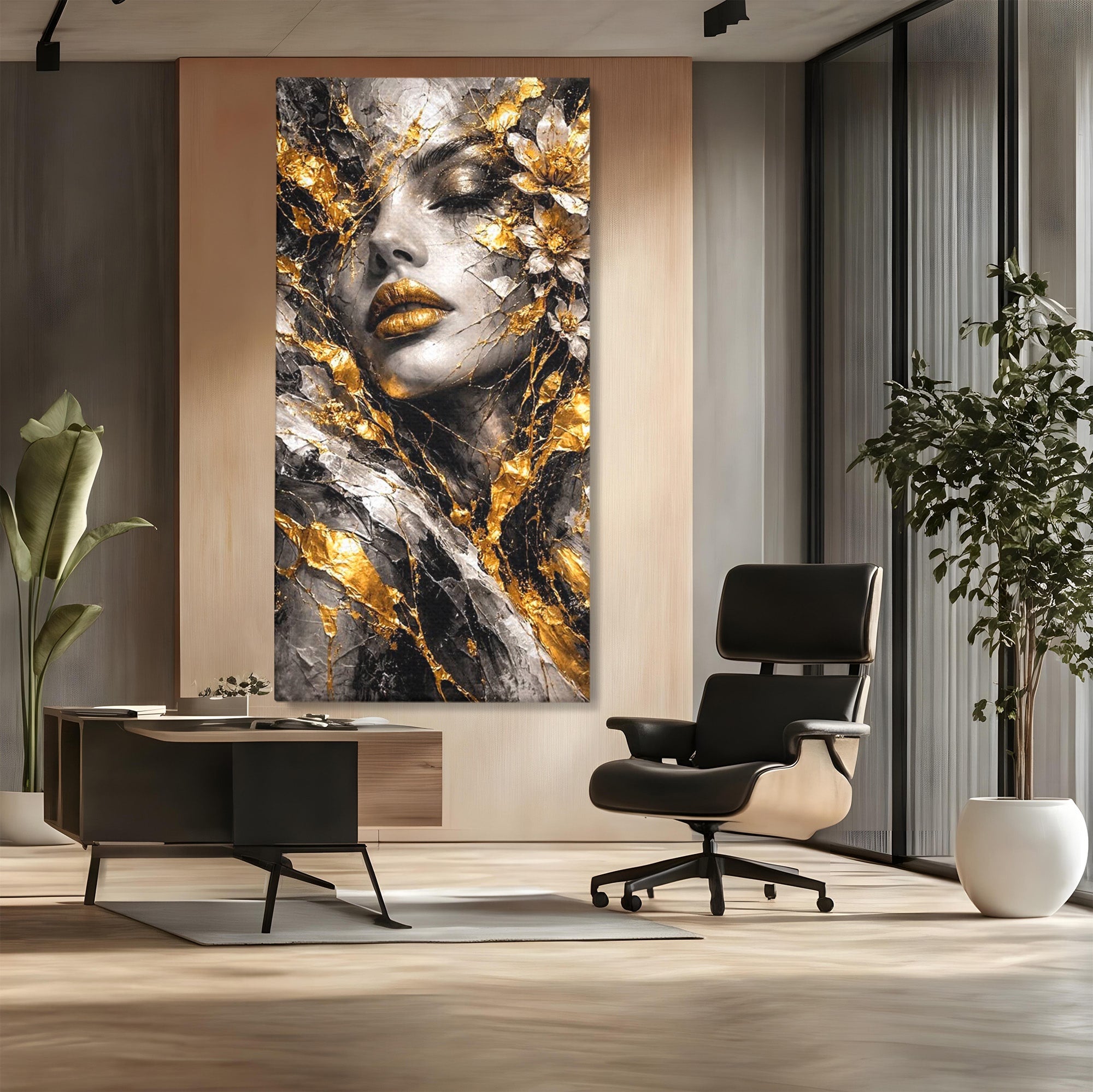 Tablou Canvas Premium LuxCanva® PI1159, Frumusetea Aurie, Portret, Flori, Arta Abstracta, Eleganta, Dormitor, Culori Vibrante
