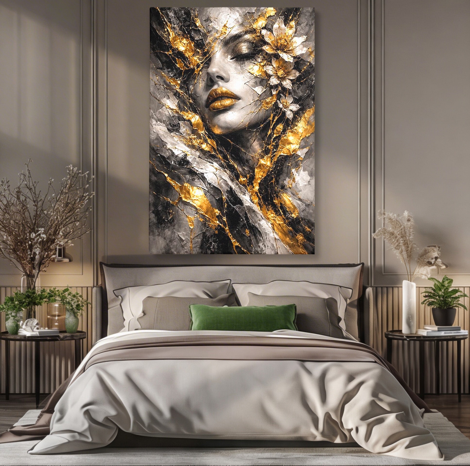 Tablou Canvas Premium LuxCanva® PI1159, Frumusetea Aurie, Portret, Flori, Arta Abstracta, Eleganta, Dormitor, Culori Vibrante