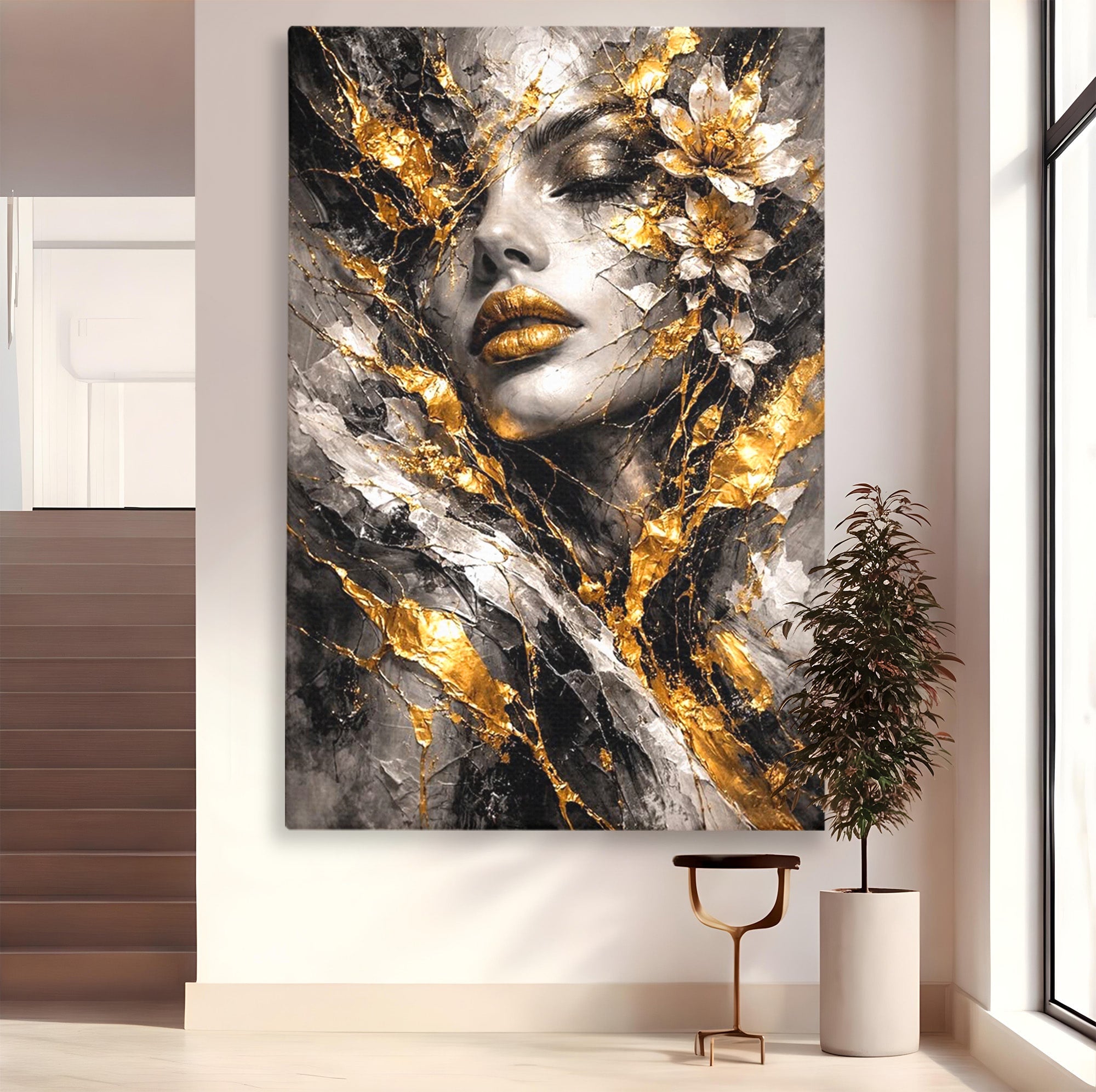 Tablou Canvas Premium LuxCanva® PI1159, Frumusetea Aurie, Portret, Flori, Arta Abstracta, Eleganta, Dormitor, Culori Vibrante
