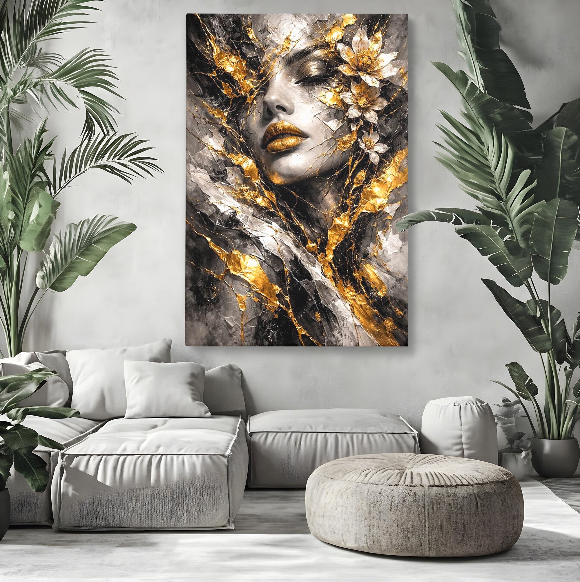 Tablou Canvas Premium LuxCanva® PI1159, Frumusetea Aurie, Portret, Flori, Arta Abstracta, Eleganta, Dormitor, Culori Vibrante