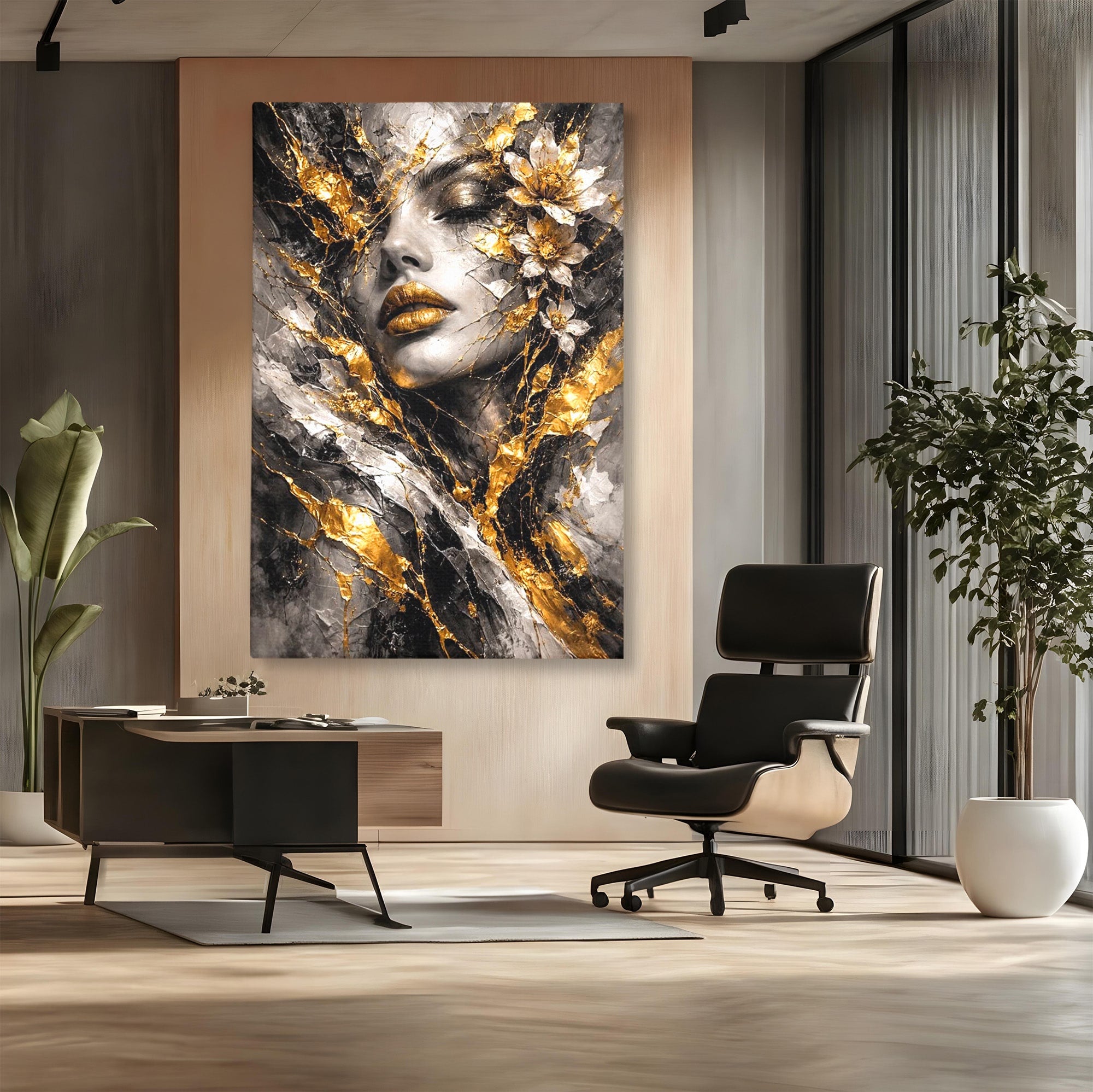 Tablou Canvas Premium LuxCanva® PI1159, Frumusetea Aurie, Portret, Flori, Arta Abstracta, Eleganta, Dormitor, Culori Vibrante