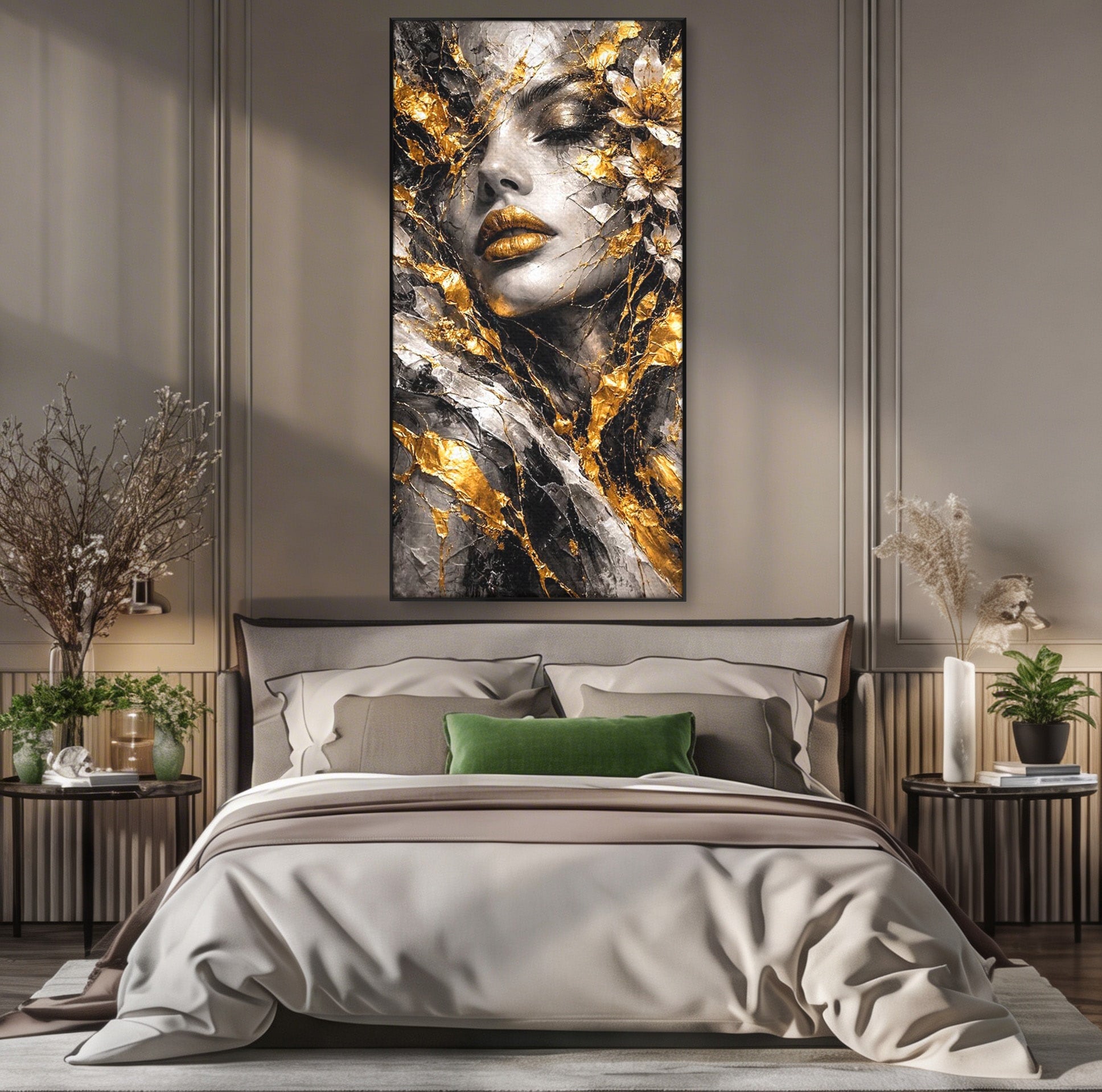 Tablou Canvas Premium LuxCanva® PI1159, Frumusetea Aurie, Portret, Flori, Arta Abstracta, Eleganta, Dormitor, Culori Vibrante