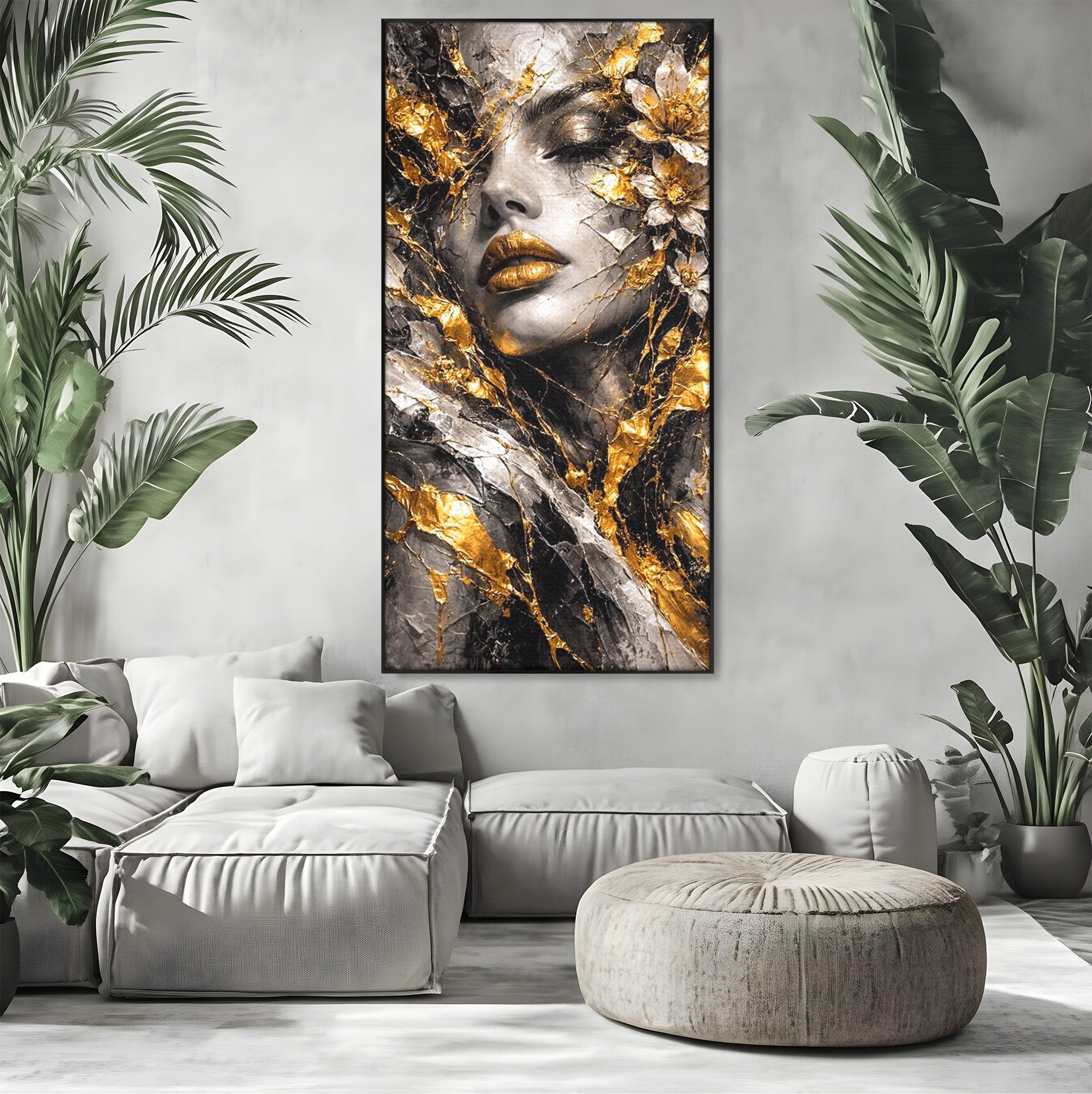 Tablou Canvas Premium LuxCanva® PI1159, Frumusetea Aurie, Portret, Flori, Arta Abstracta, Eleganta, Dormitor, Culori Vibrante