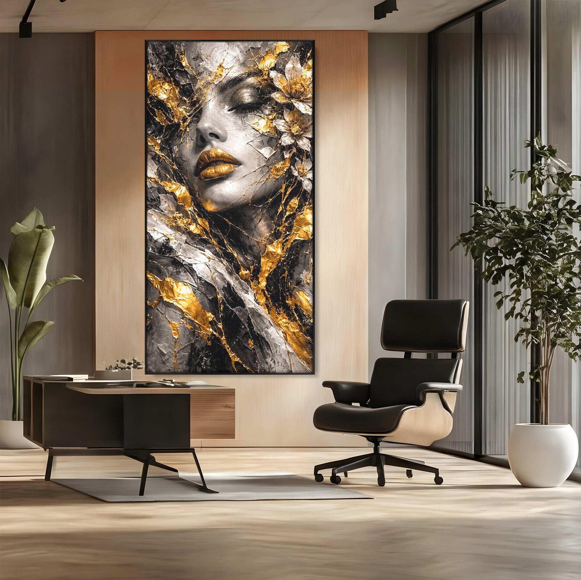 Tablou Canvas Premium LuxCanva® PI1159, Frumusetea Aurie, Portret, Flori, Arta Abstracta, Eleganta, Dormitor, Culori Vibrante