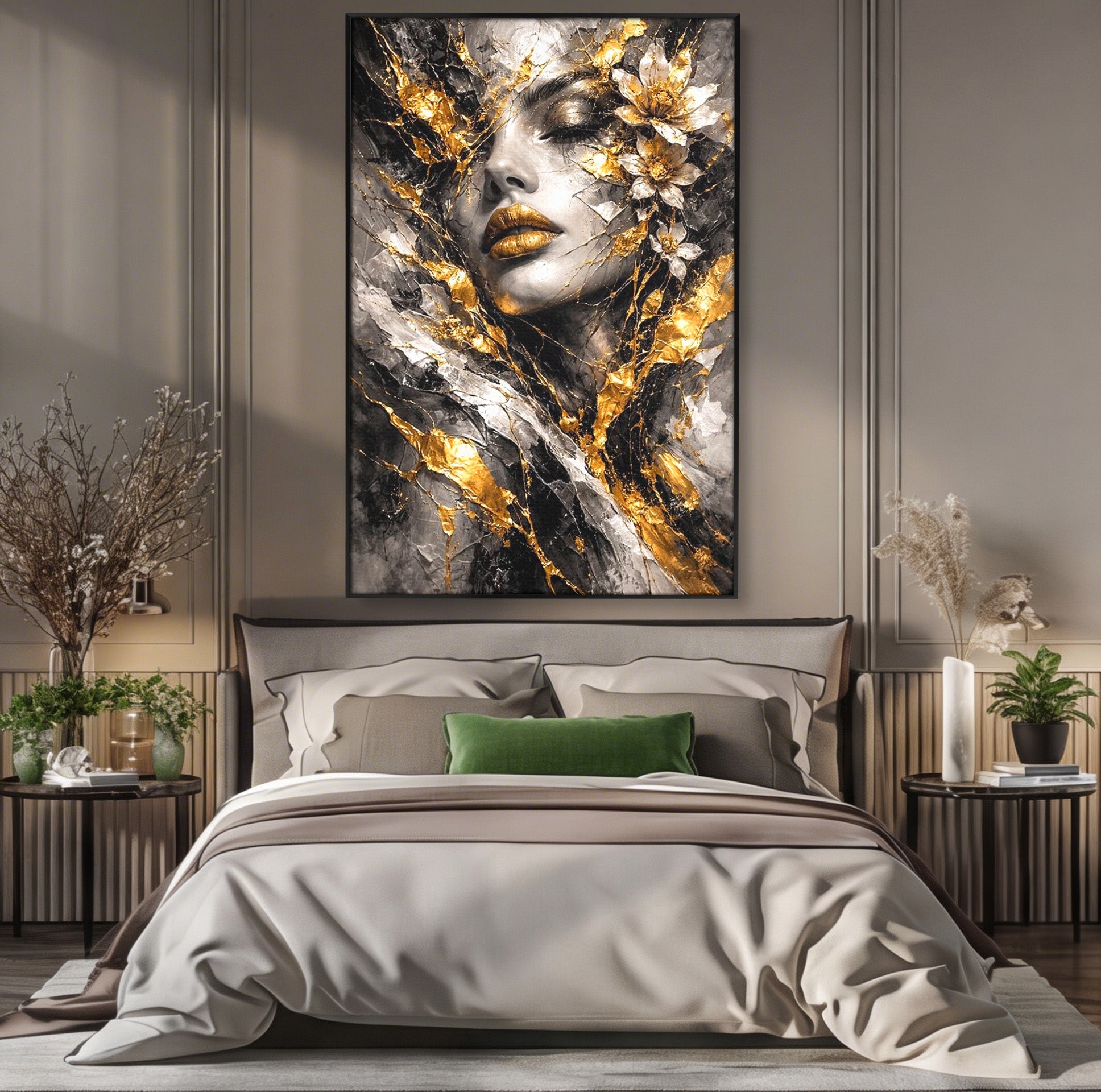 Tablou Canvas Premium LuxCanva® PI1159, Frumusetea Aurie, Portret, Flori, Arta Abstracta, Eleganta, Dormitor, Culori Vibrante