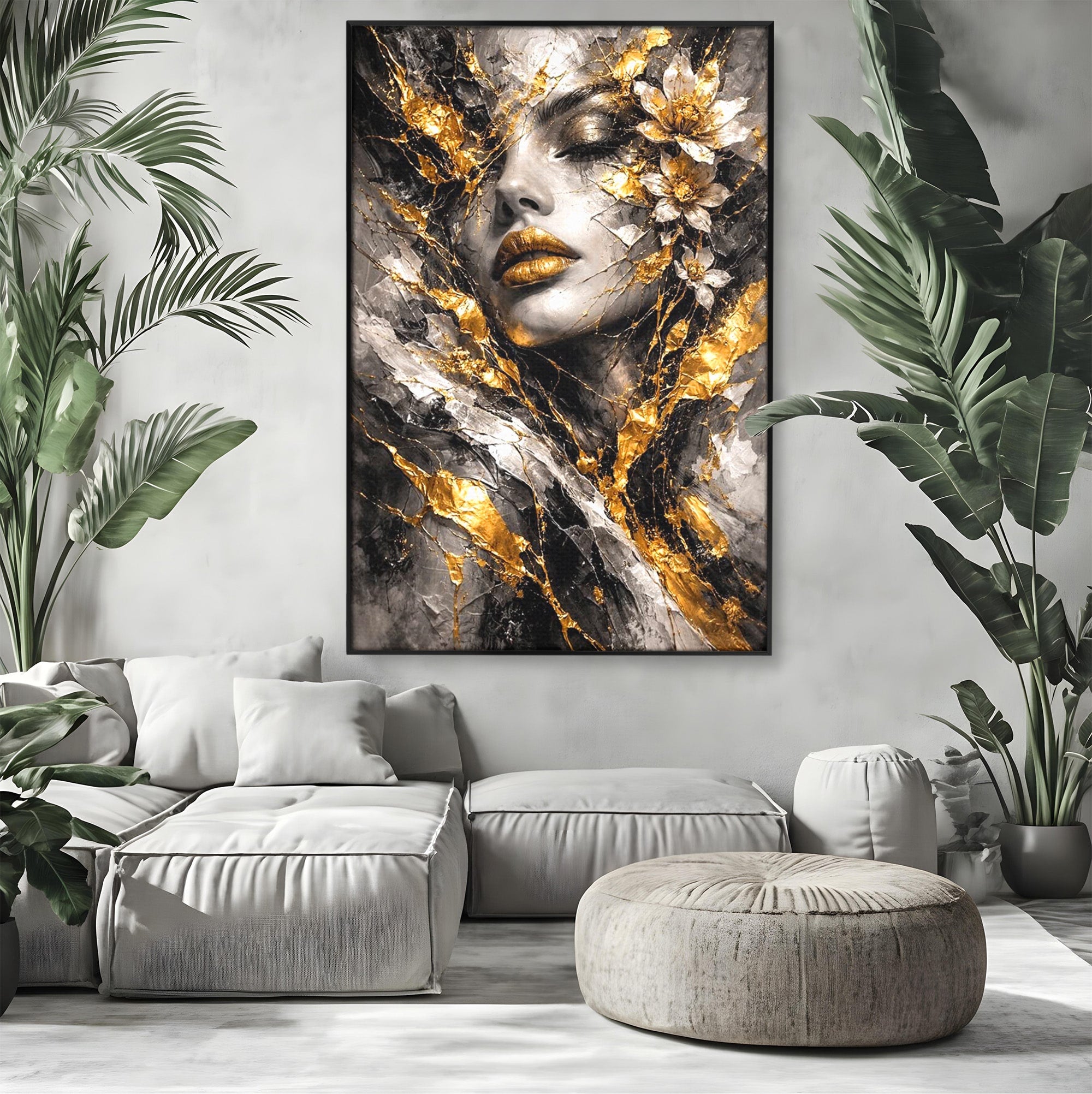 Tablou Canvas Premium LuxCanva® PI1159, Frumusetea Aurie, Portret, Flori, Arta Abstracta, Eleganta, Dormitor, Culori Vibrante