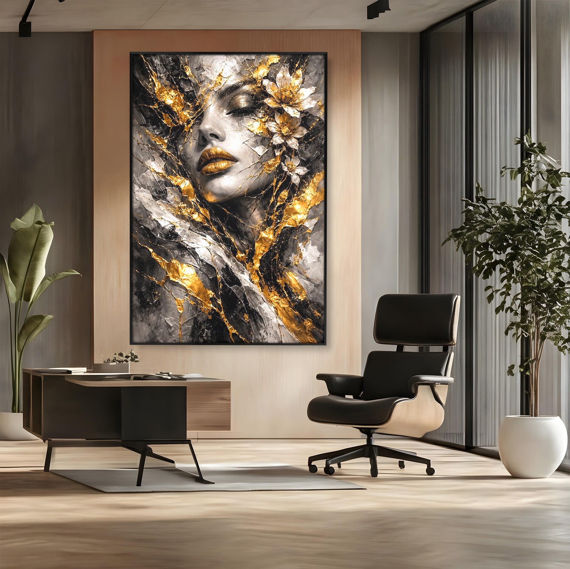 Tablou Canvas Premium LuxCanva® PI1159, Frumusetea Aurie, Portret, Flori, Arta Abstracta, Eleganta, Dormitor, Culori Vibrante