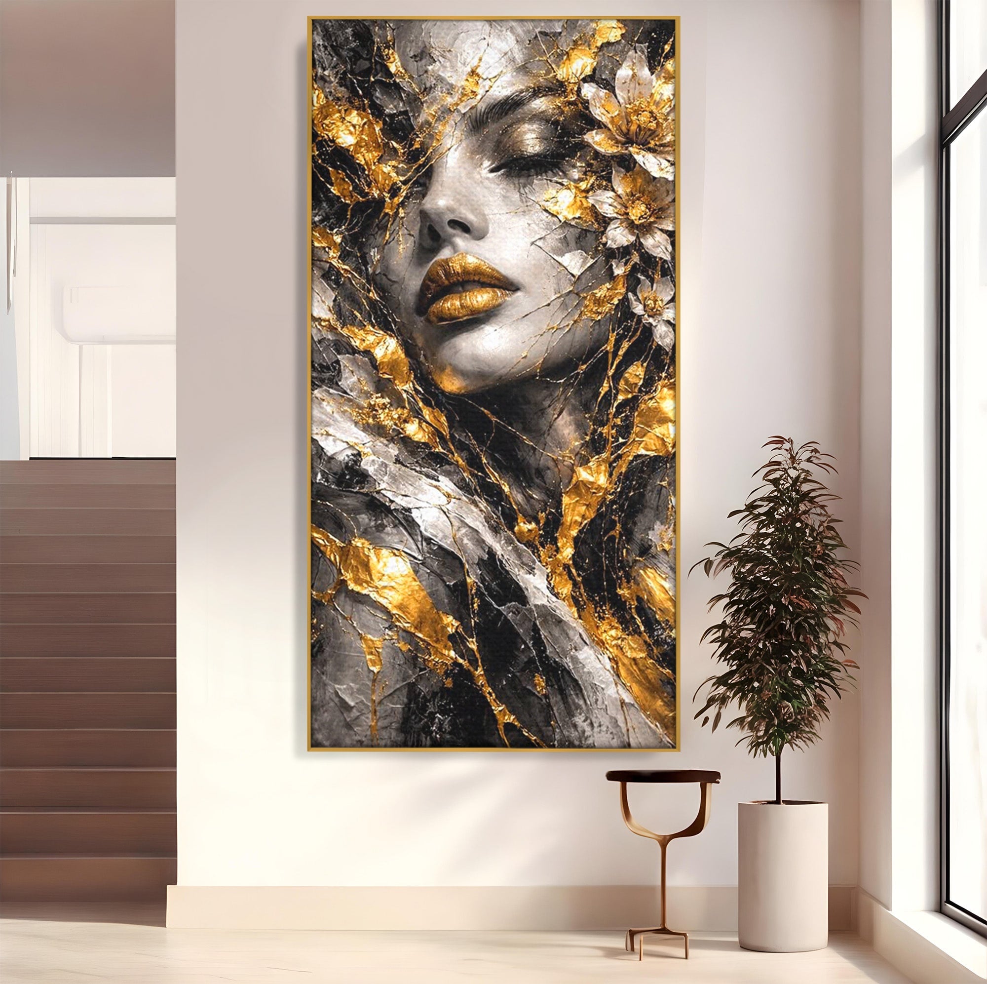 Tablou Canvas Premium LuxCanva® PI1159, Frumusetea Aurie, Portret, Flori, Arta Abstracta, Eleganta, Dormitor, Culori Vibrante