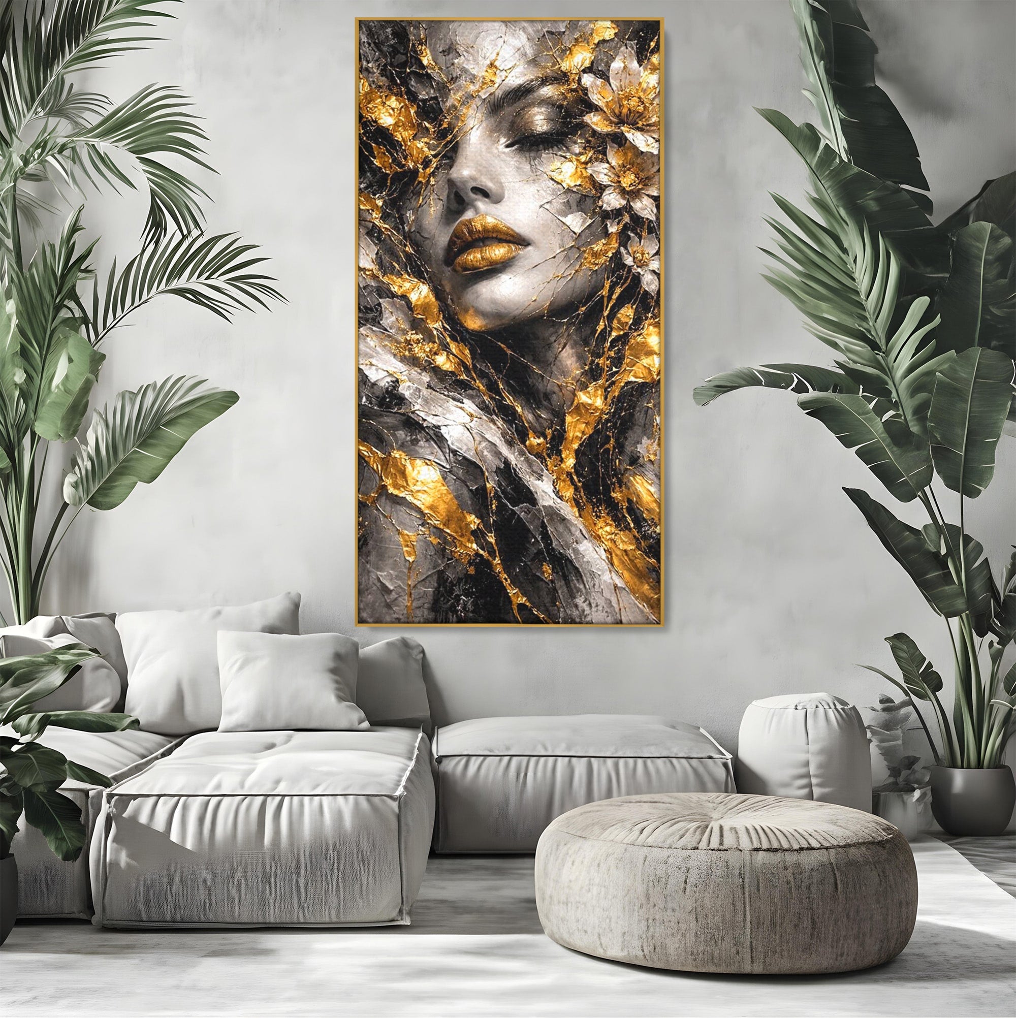 Tablou Canvas Premium LuxCanva® PI1159, Frumusetea Aurie, Portret, Flori, Arta Abstracta, Eleganta, Dormitor, Culori Vibrante