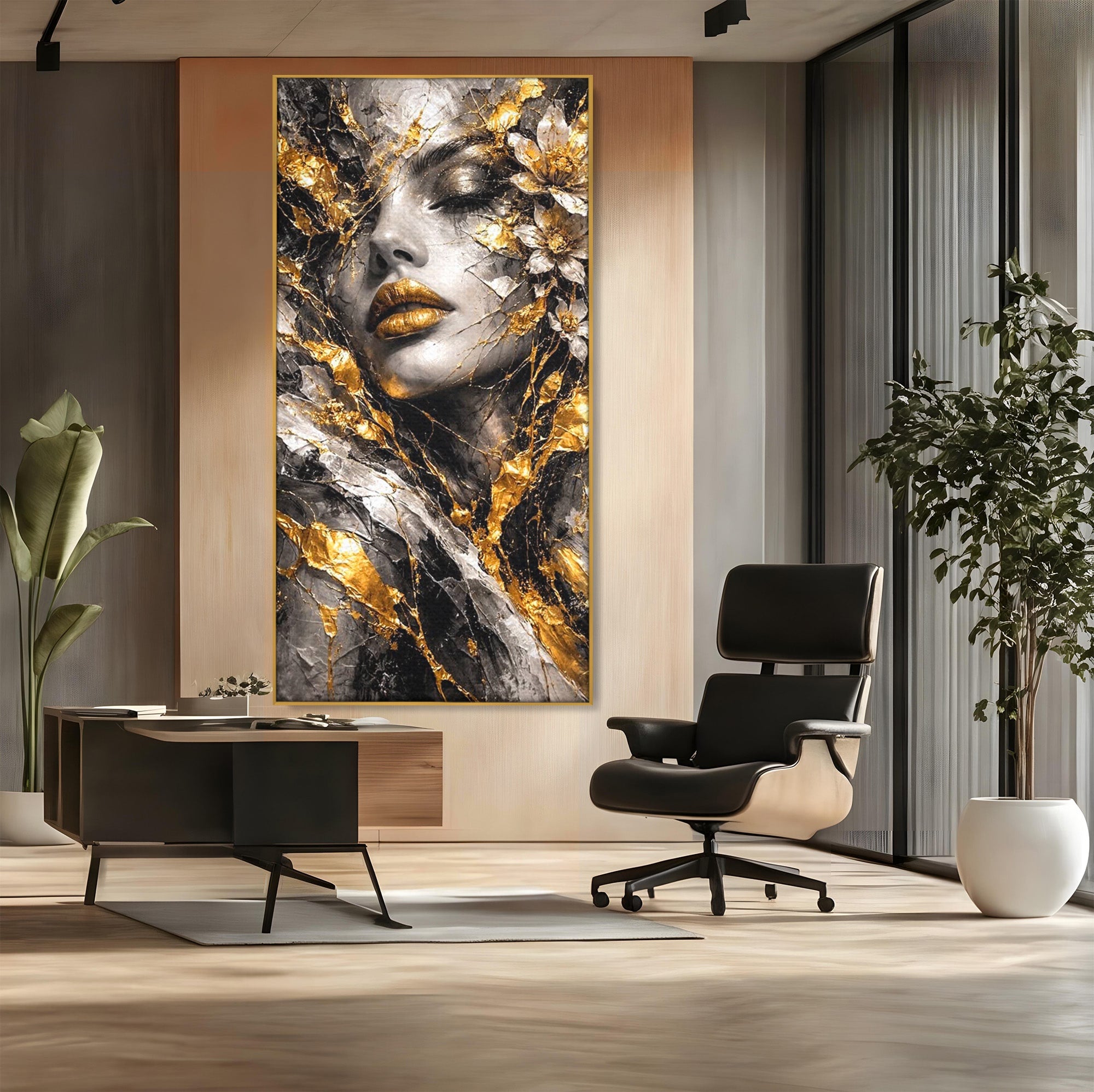 Tablou Canvas Premium LuxCanva® PI1159, Frumusetea Aurie, Portret, Flori, Arta Abstracta, Eleganta, Dormitor, Culori Vibrante