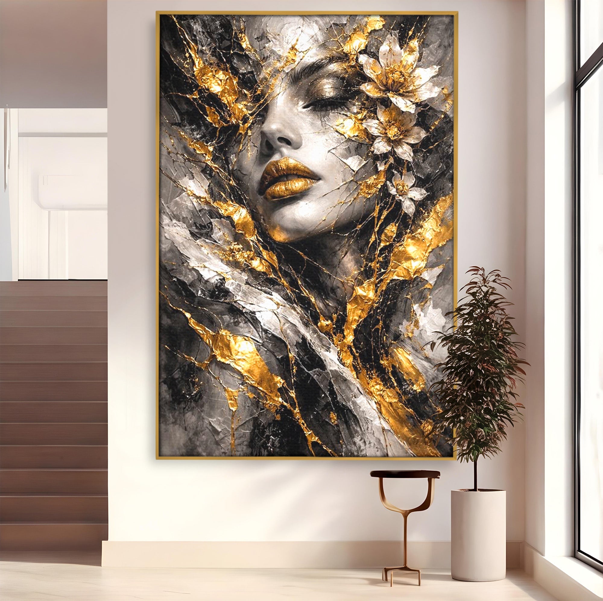 Tablou Canvas Premium LuxCanva® PI1159, Frumusetea Aurie, Portret, Flori, Arta Abstracta, Eleganta, Dormitor, Culori Vibrante