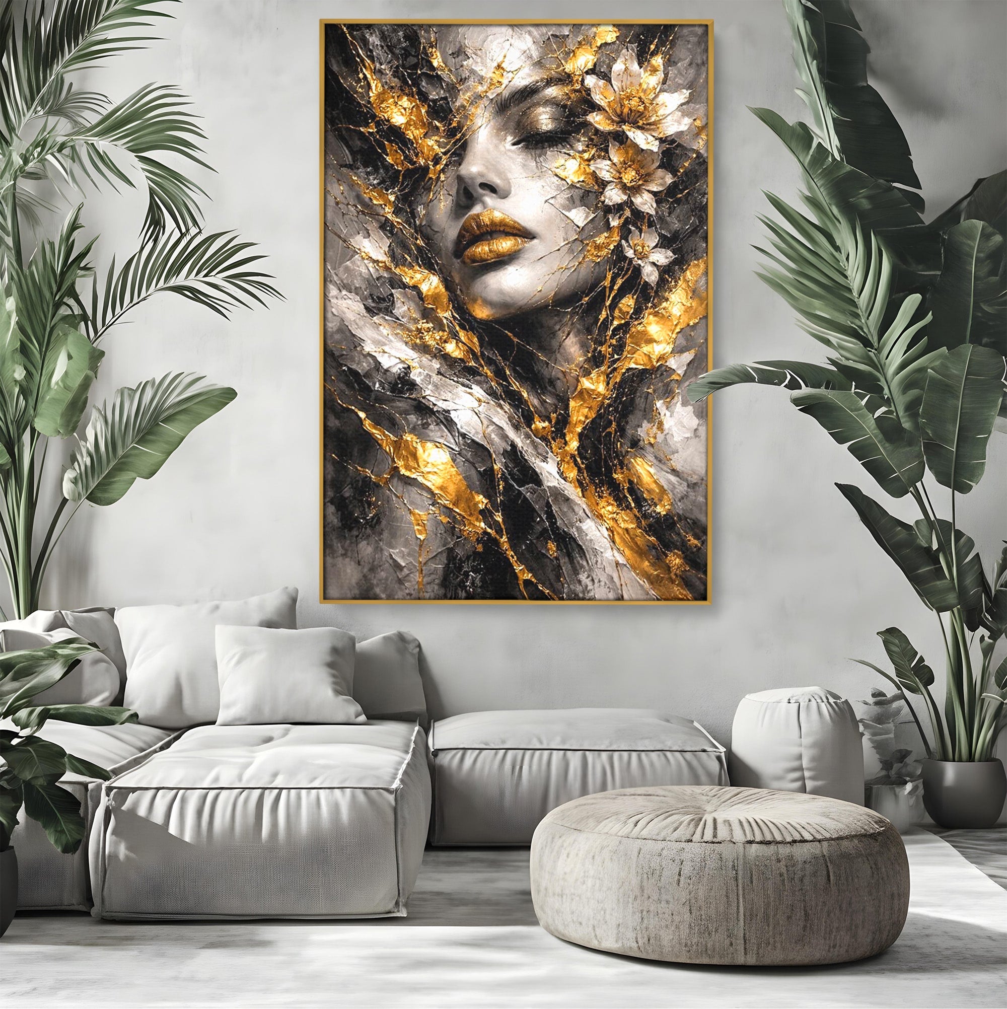 Tablou Canvas Premium LuxCanva® PI1159, Frumusetea Aurie, Portret, Flori, Arta Abstracta, Eleganta, Dormitor, Culori Vibrante