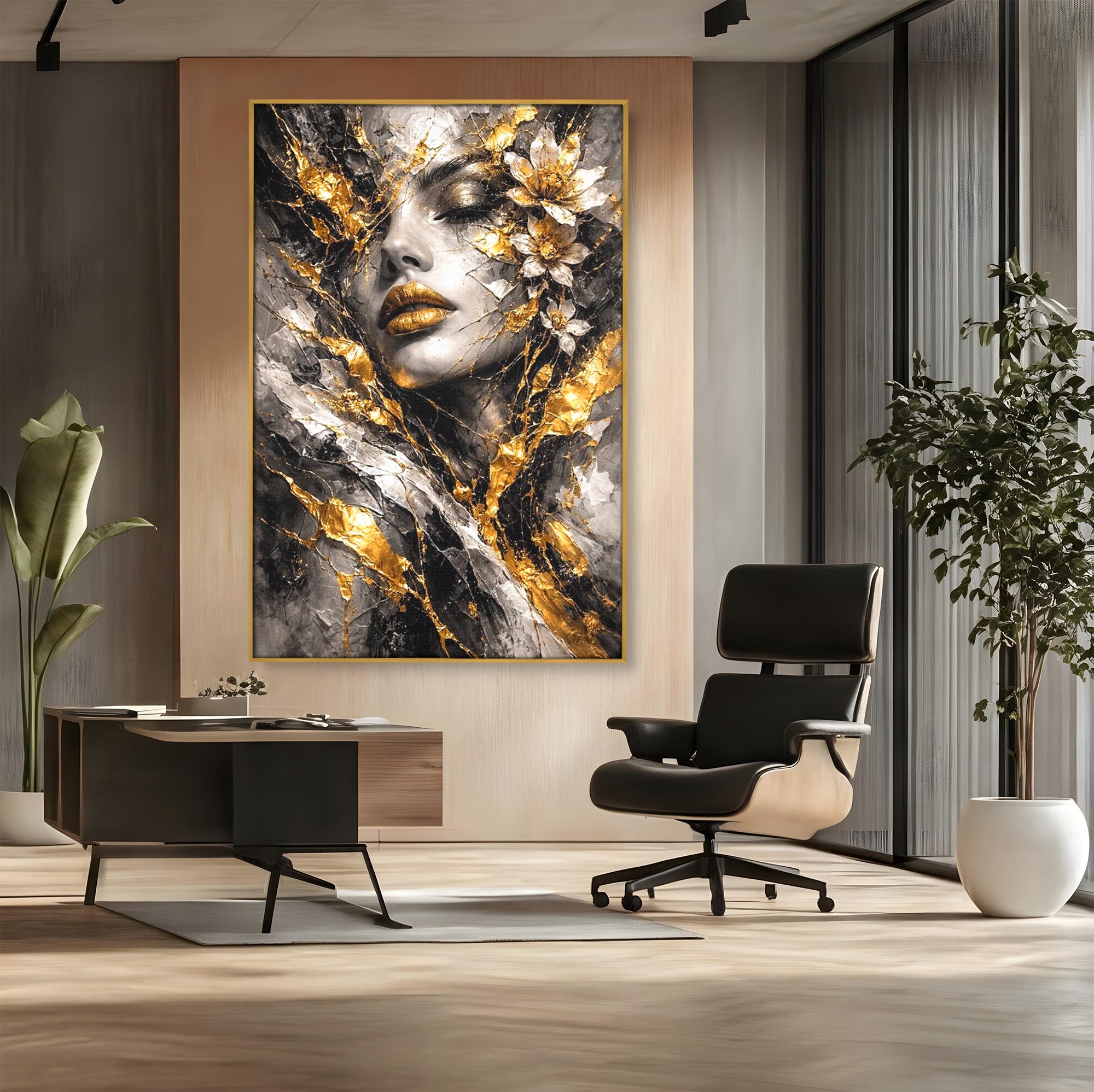 Tablou Canvas Premium LuxCanva® PI1159, Frumusetea Aurie, Portret, Flori, Arta Abstracta, Eleganta, Dormitor, Culori Vibrante