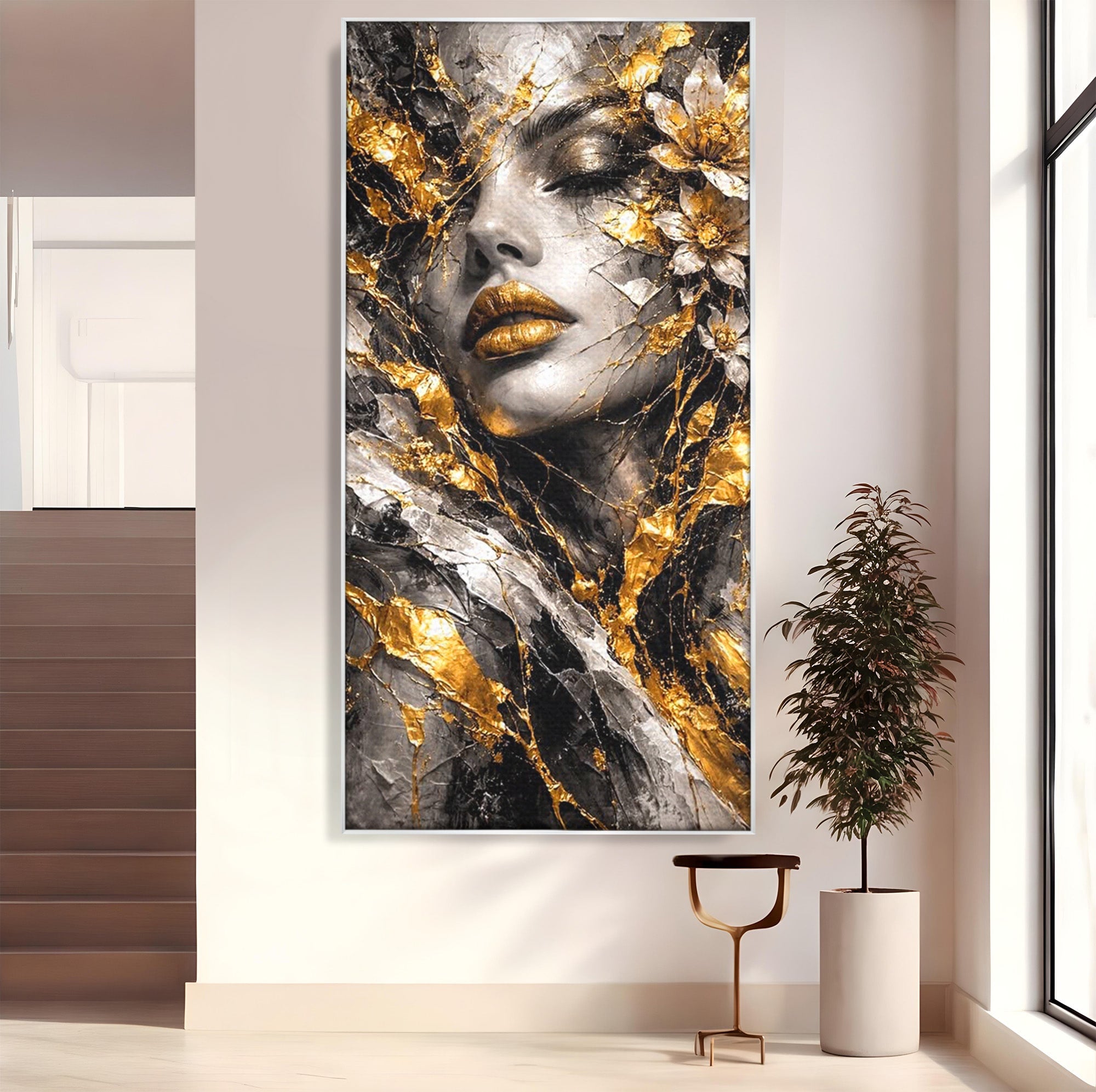 Tablou Canvas Premium LuxCanva® PI1159, Frumusetea Aurie, Portret, Flori, Arta Abstracta, Eleganta, Dormitor, Culori Vibrante