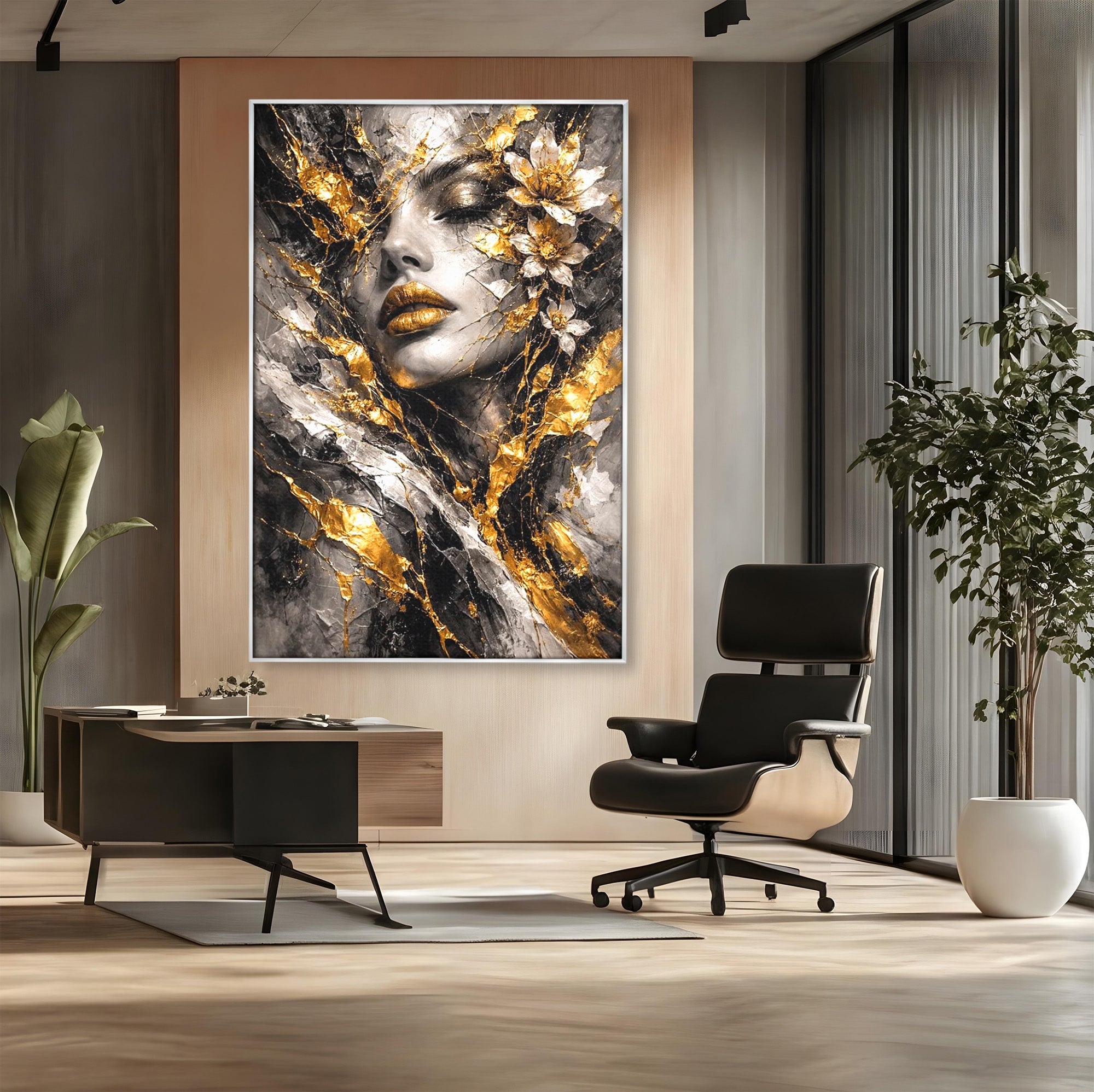 Tablou Canvas Premium LuxCanva® PI1159, Frumusetea Aurie, Portret, Flori, Arta Abstracta, Eleganta, Dormitor, Culori Vibrante