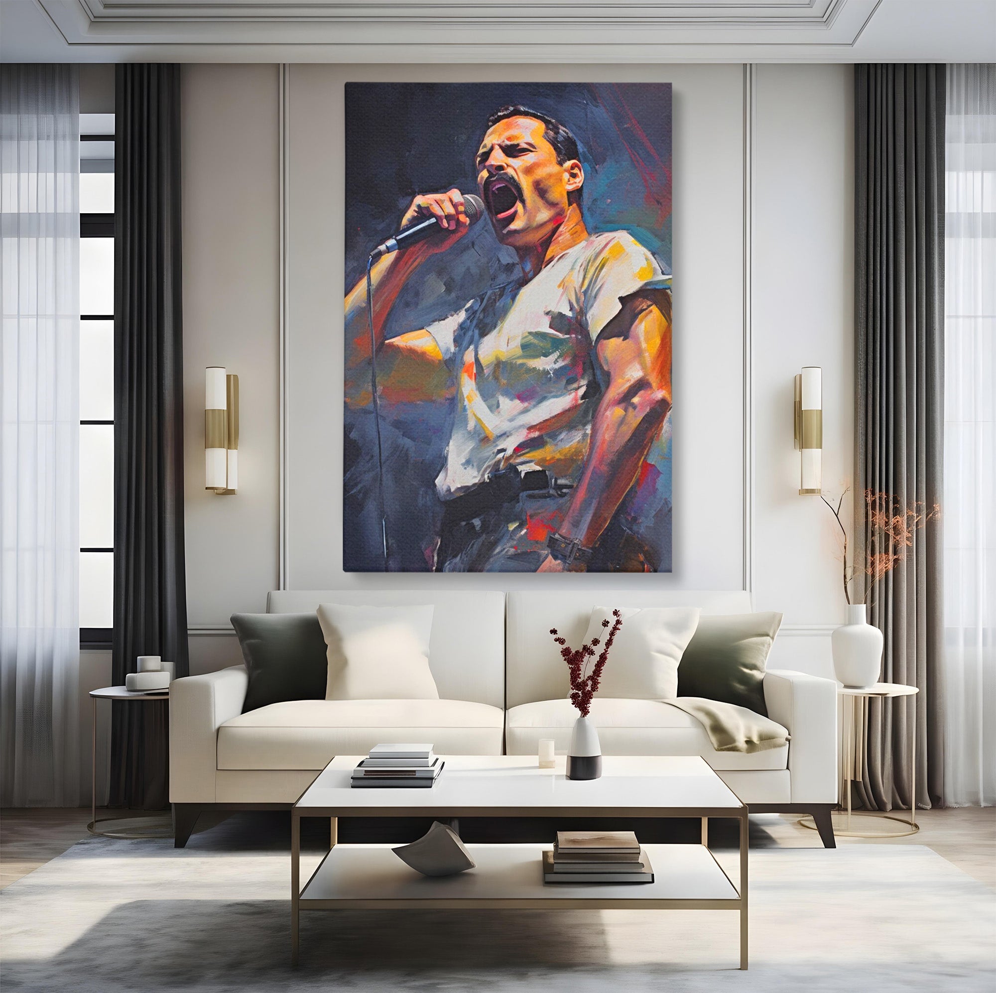 Tablou Canvas Premium LuxCanva® PI1165, Legenda Continua, Cantaret, Freddie Mercury, Muzica, Performanta, Pasiune, Living, Culori Vibrante