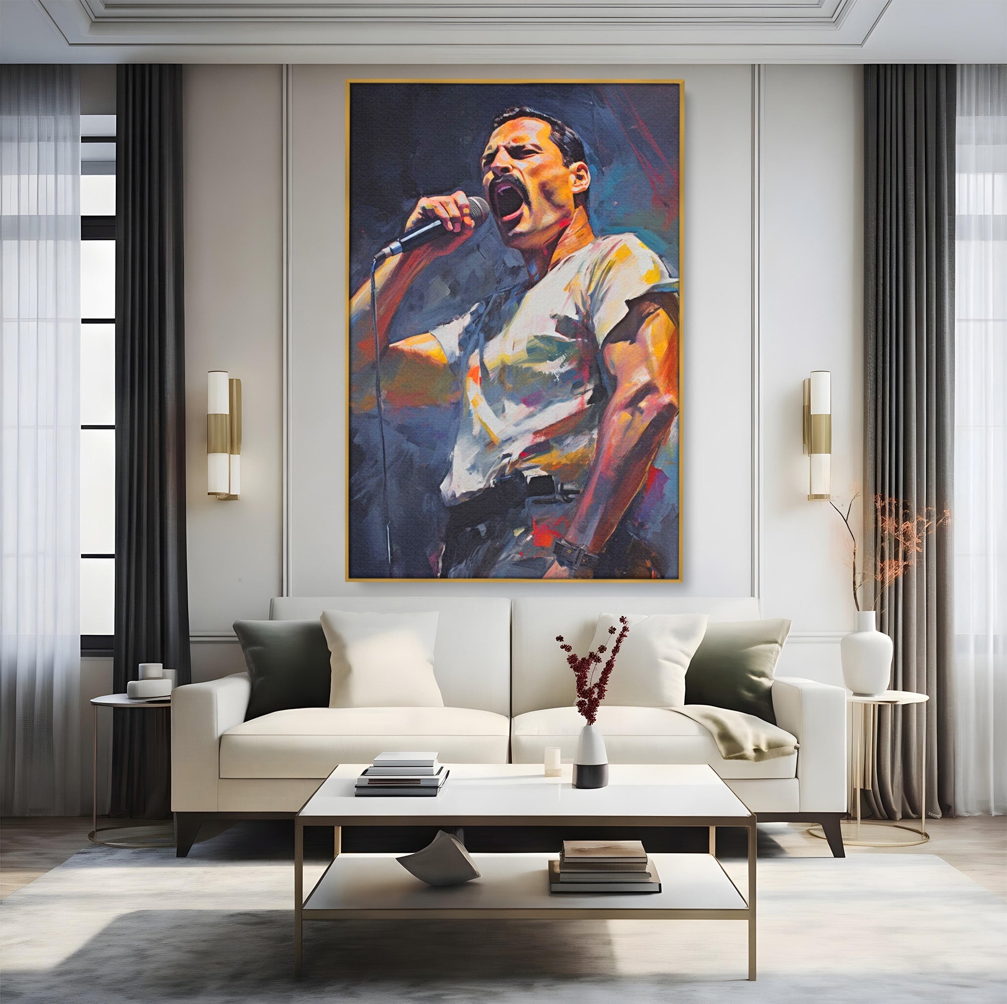 Tablou Canvas Premium LuxCanva® PI1165, Legenda Continua, Cantaret, Freddie Mercury, Muzica, Performanta, Pasiune, Living, Culori Vibrante