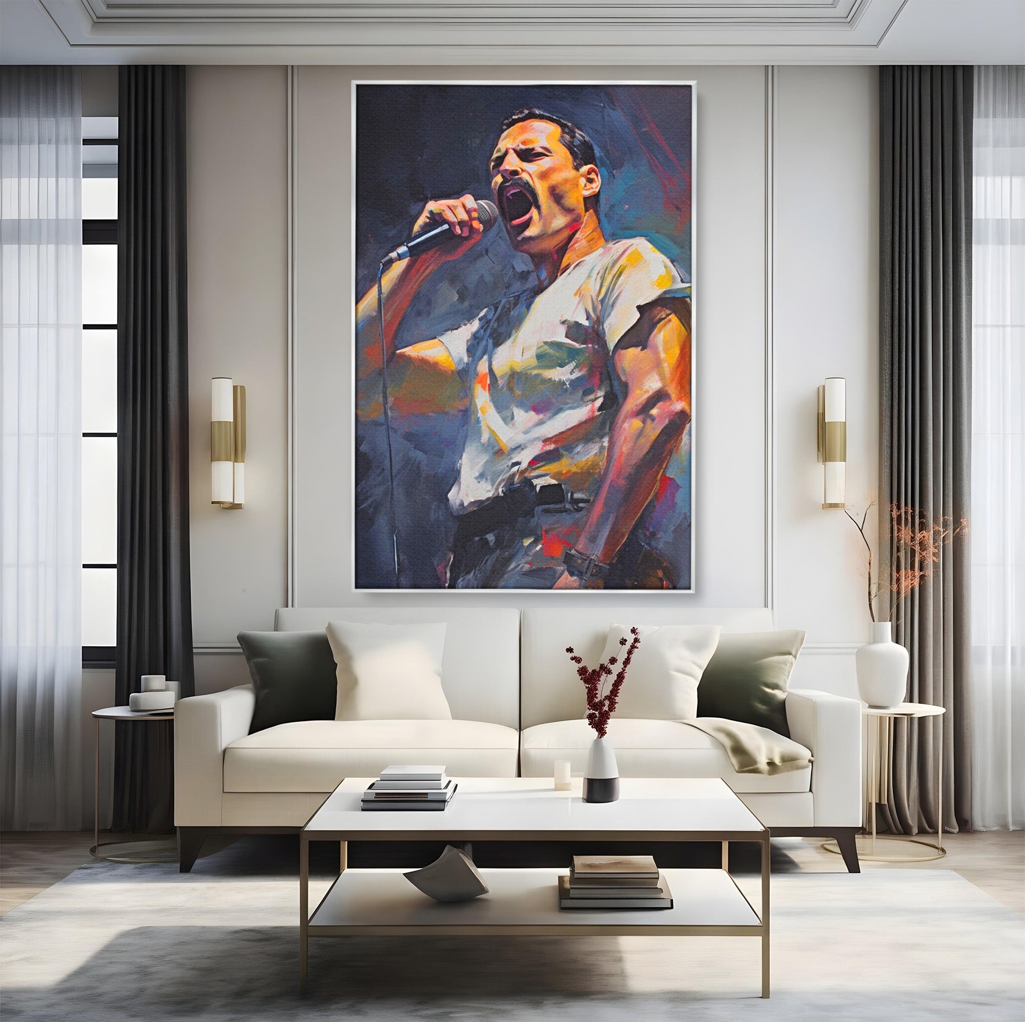 Tablou Canvas Premium LuxCanva® PI1165, Legenda Continua, Cantaret, Freddie Mercury, Muzica, Performanta, Pasiune, Living, Culori Vibrante