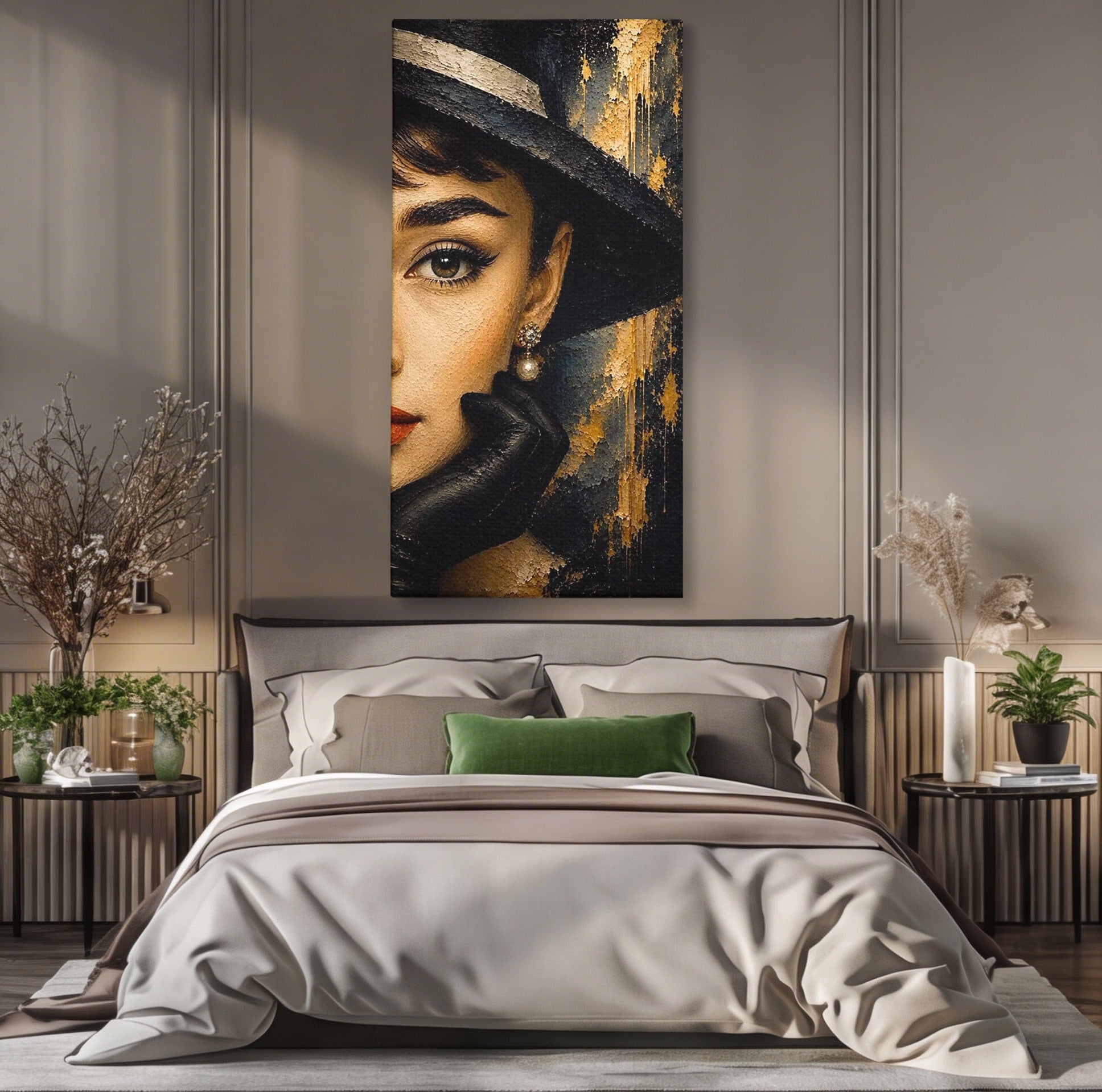 Tablou Canvas Premium LuxCanva® PI1166, Eleganta Atemporala, Audrey Hepburn, Diva, Palarie, Eleganta, Living, Dormitor, Culori Vibrante
