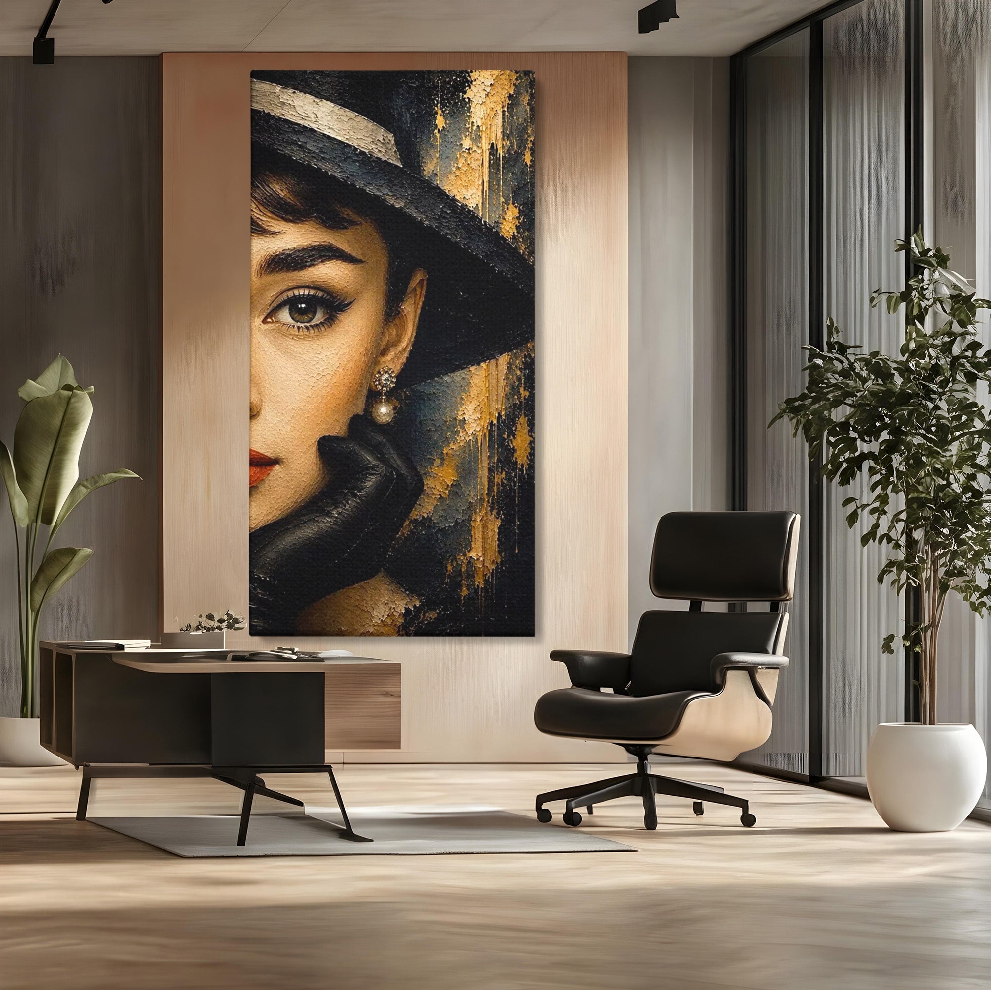 Tablou Canvas Premium LuxCanva® PI1166, Eleganta Atemporala, Audrey Hepburn, Diva, Palarie, Eleganta, Living, Dormitor, Culori Vibrante