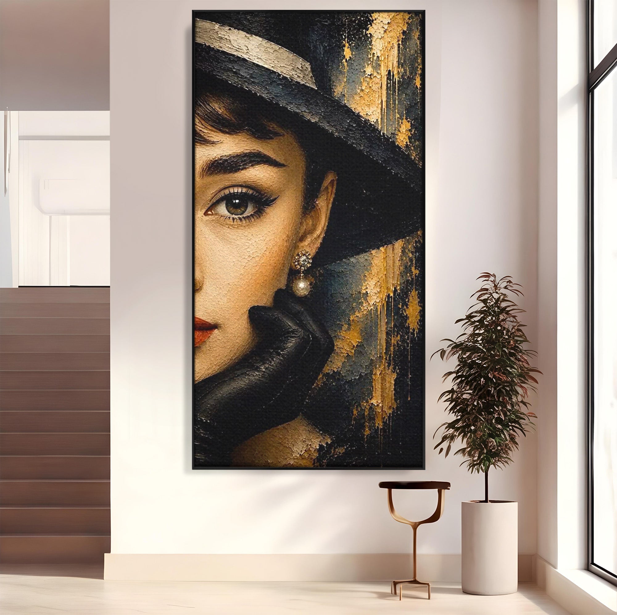 Tablou Canvas Premium LuxCanva® PI1166, Eleganta Atemporala, Audrey Hepburn, Diva, Palarie, Eleganta, Living, Dormitor, Culori Vibrante