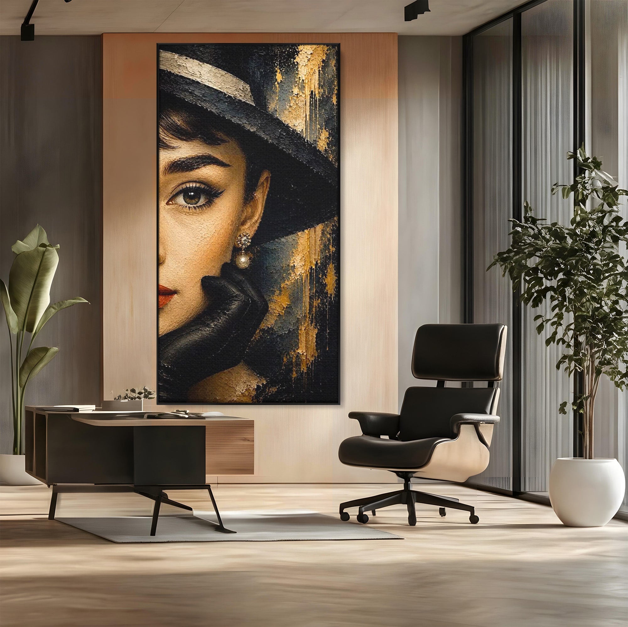 Tablou Canvas Premium LuxCanva® PI1166, Eleganta Atemporala, Audrey Hepburn, Diva, Palarie, Eleganta, Living, Dormitor, Culori Vibrante