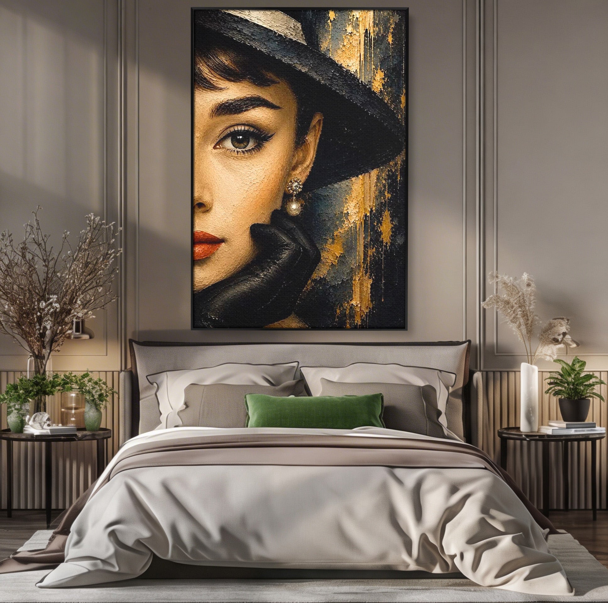 Tablou Canvas Premium LuxCanva® PI1166, Eleganta Atemporala, Audrey Hepburn, Diva, Palarie, Eleganta, Living, Dormitor, Culori Vibrante