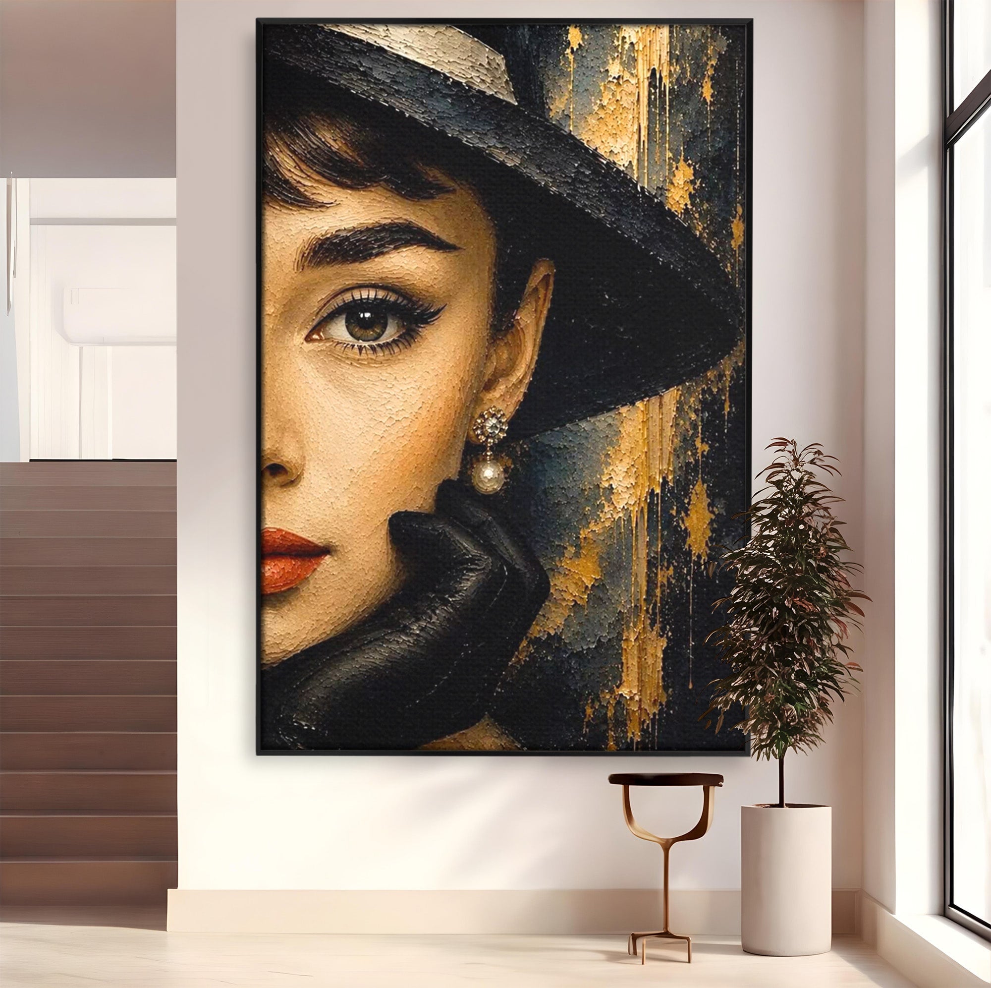 Tablou Canvas Premium LuxCanva® PI1166, Eleganta Atemporala, Audrey Hepburn, Diva, Palarie, Eleganta, Living, Dormitor, Culori Vibrante