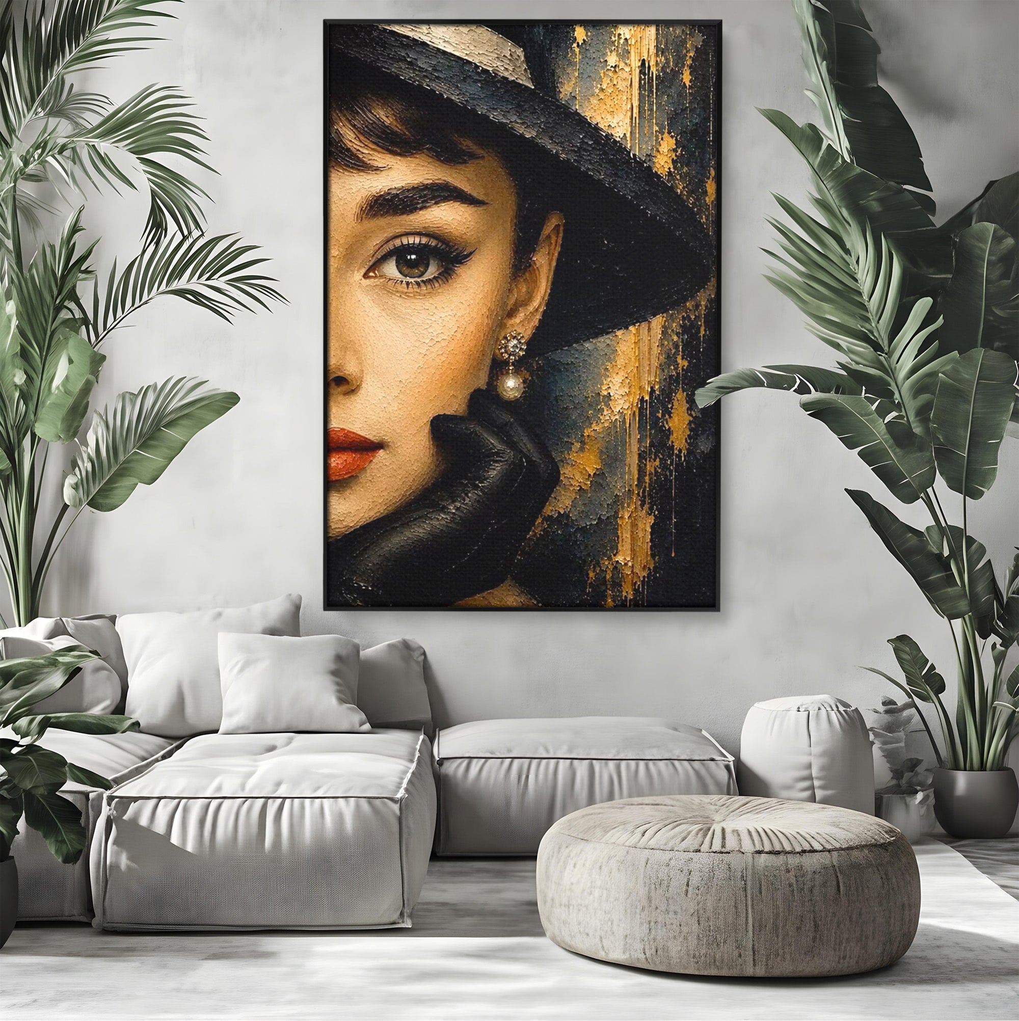 Tablou Canvas Premium LuxCanva® PI1166, Eleganta Atemporala, Audrey Hepburn, Diva, Palarie, Eleganta, Living, Dormitor, Culori Vibrante