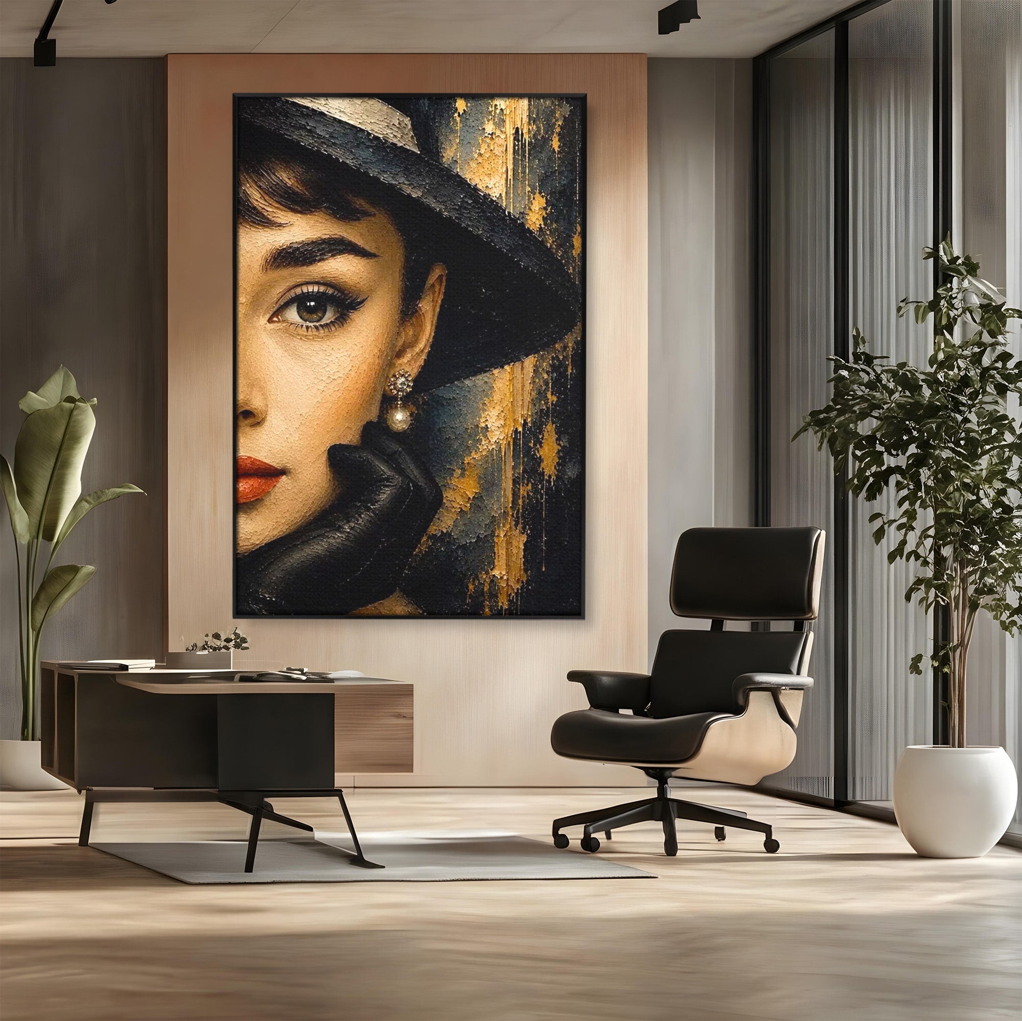 Tablou Canvas Premium LuxCanva® PI1166, Eleganta Atemporala, Audrey Hepburn, Diva, Palarie, Eleganta, Living, Dormitor, Culori Vibrante