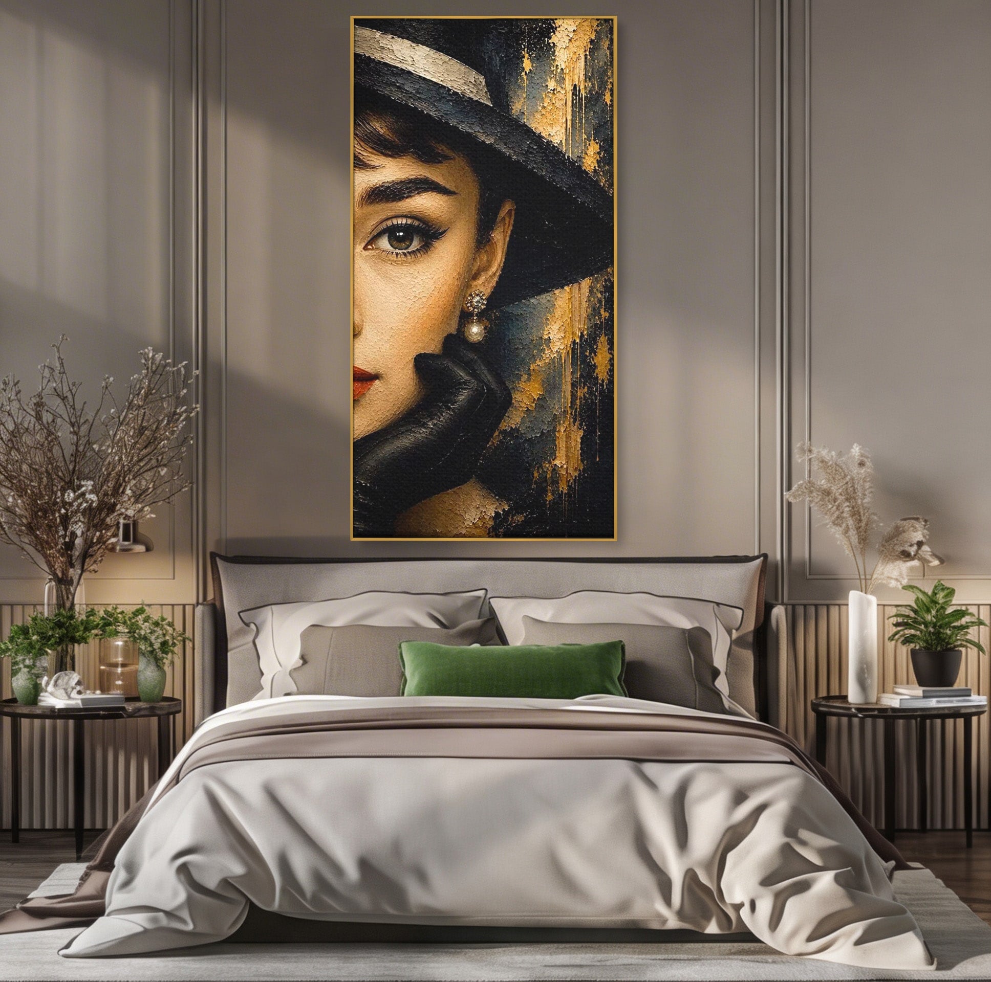 Tablou Canvas Premium LuxCanva® PI1166, Eleganta Atemporala, Audrey Hepburn, Diva, Palarie, Eleganta, Living, Dormitor, Culori Vibrante