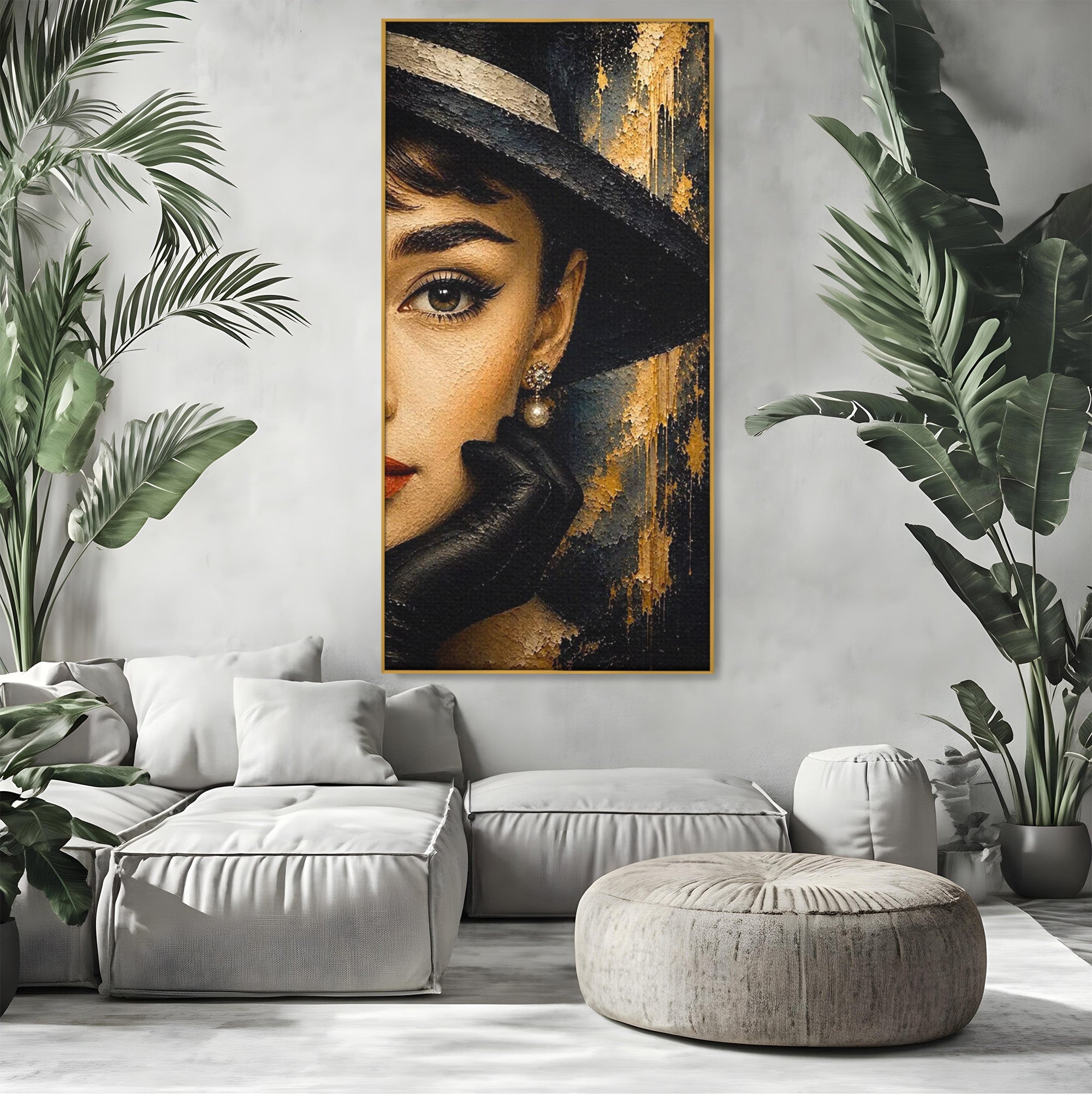 Tablou Canvas Premium LuxCanva® PI1166, Eleganta Atemporala, Audrey Hepburn, Diva, Palarie, Eleganta, Living, Dormitor, Culori Vibrante