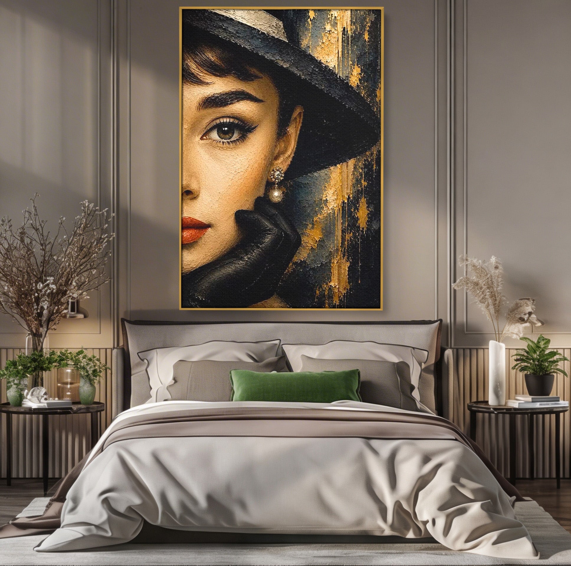 Tablou Canvas Premium LuxCanva® PI1166, Eleganta Atemporala, Audrey Hepburn, Diva, Palarie, Eleganta, Living, Dormitor, Culori Vibrante