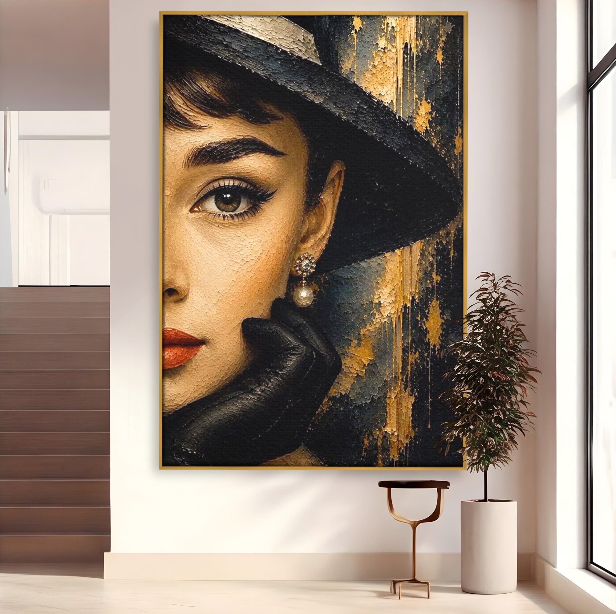 Tablou Canvas Premium LuxCanva® PI1166, Eleganta Atemporala, Audrey Hepburn, Diva, Palarie, Eleganta, Living, Dormitor, Culori Vibrante