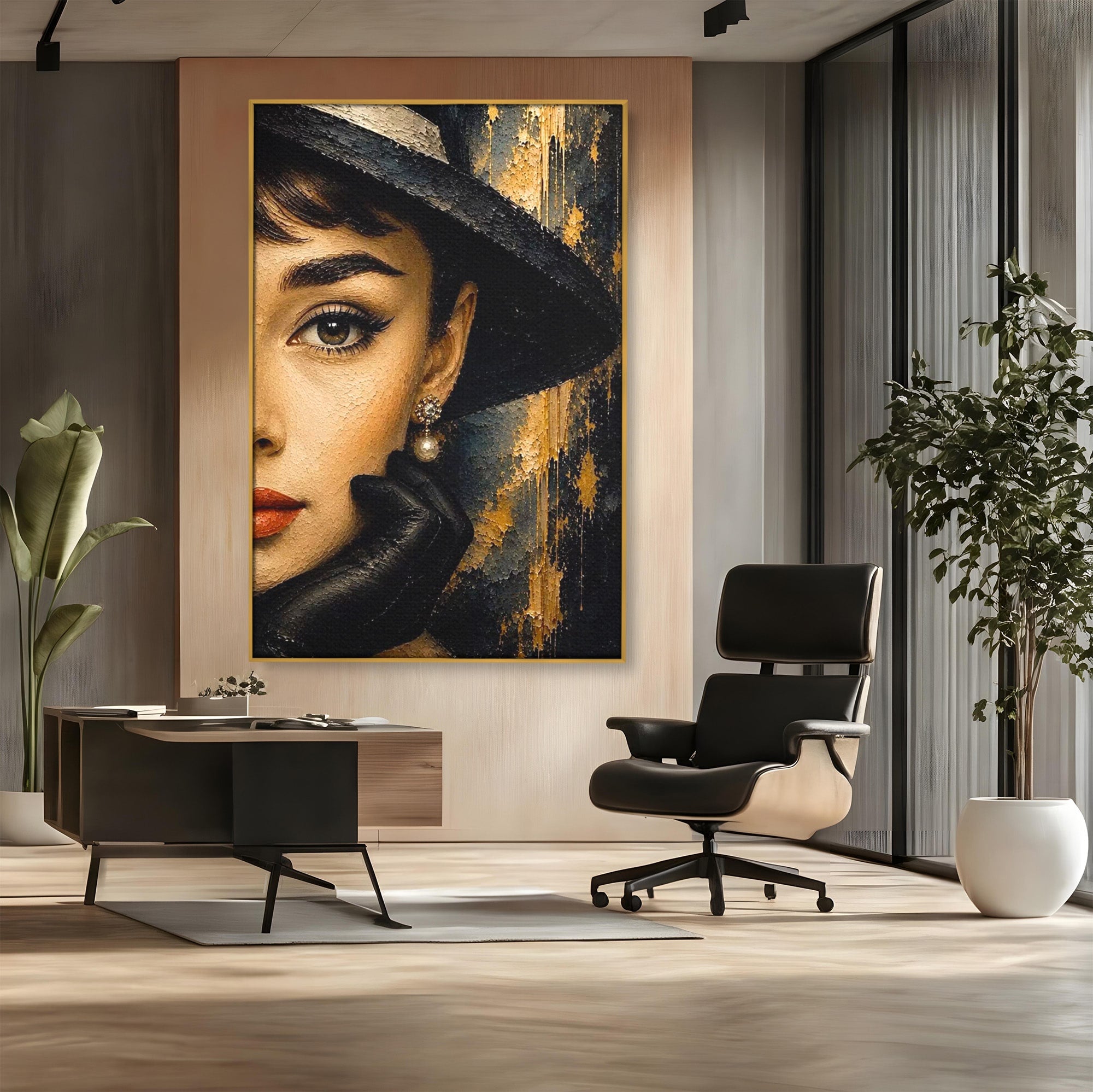 Tablou Canvas Premium LuxCanva® PI1166, Eleganta Atemporala, Audrey Hepburn, Diva, Palarie, Eleganta, Living, Dormitor, Culori Vibrante